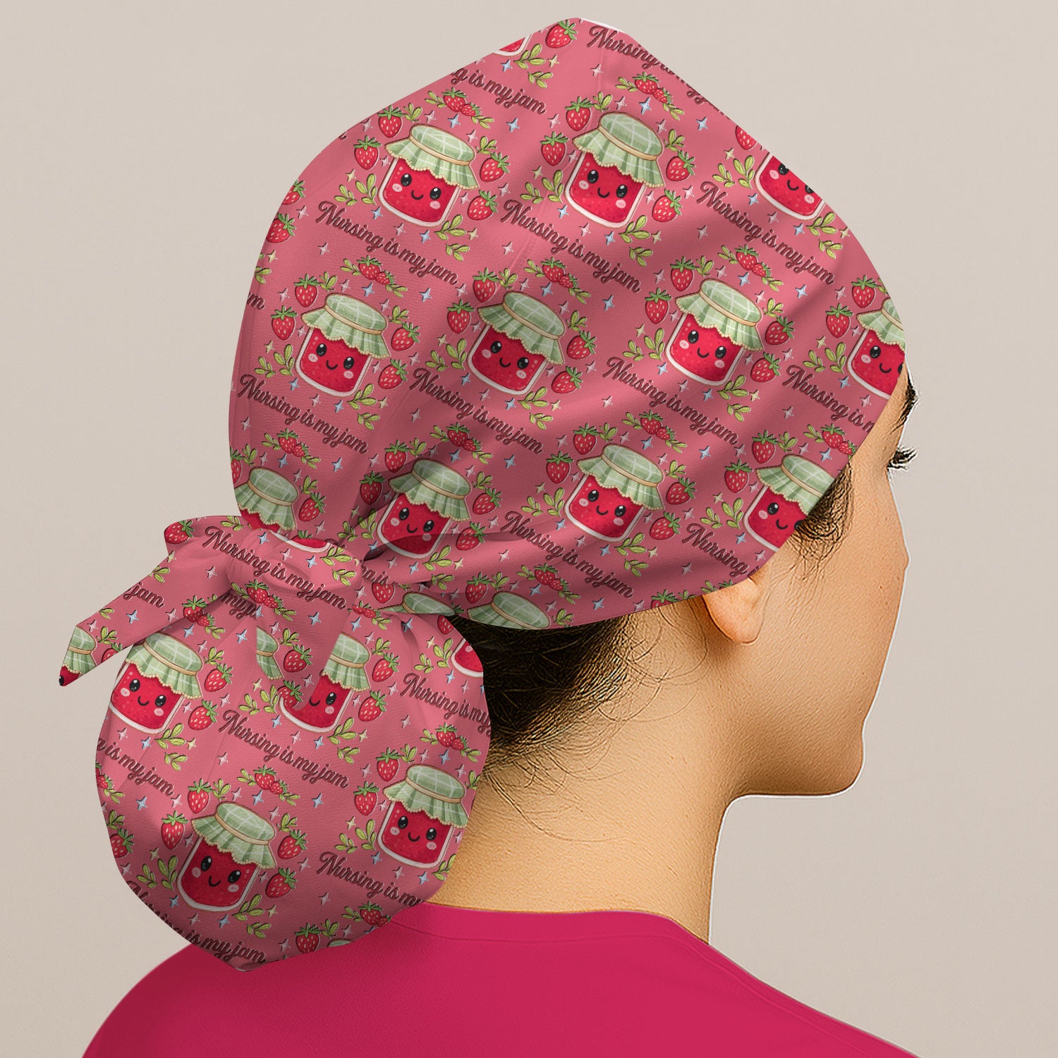 Cute Strawberry Jam Nurse Pattern Cap, Breathable Fabrics Caps Uniform