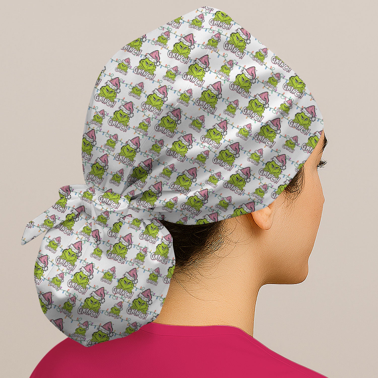 Grinch with Santa Hat Christmas Nurse Scrub Cap - Funny Holiday Surgical Hat Multi Color - Xmas Bouffant Cap for Women