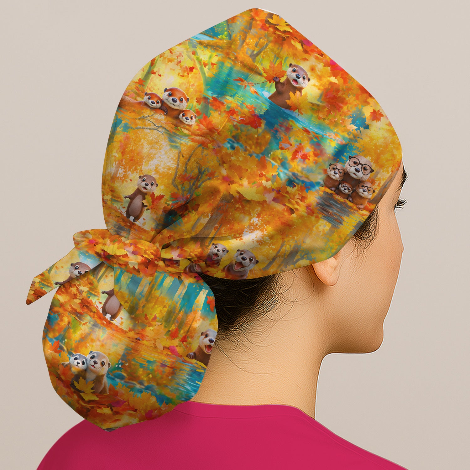 Cute Autumn Otter Leaf Forest Pattern Scrub Cap, Surgical Caps for Doctors