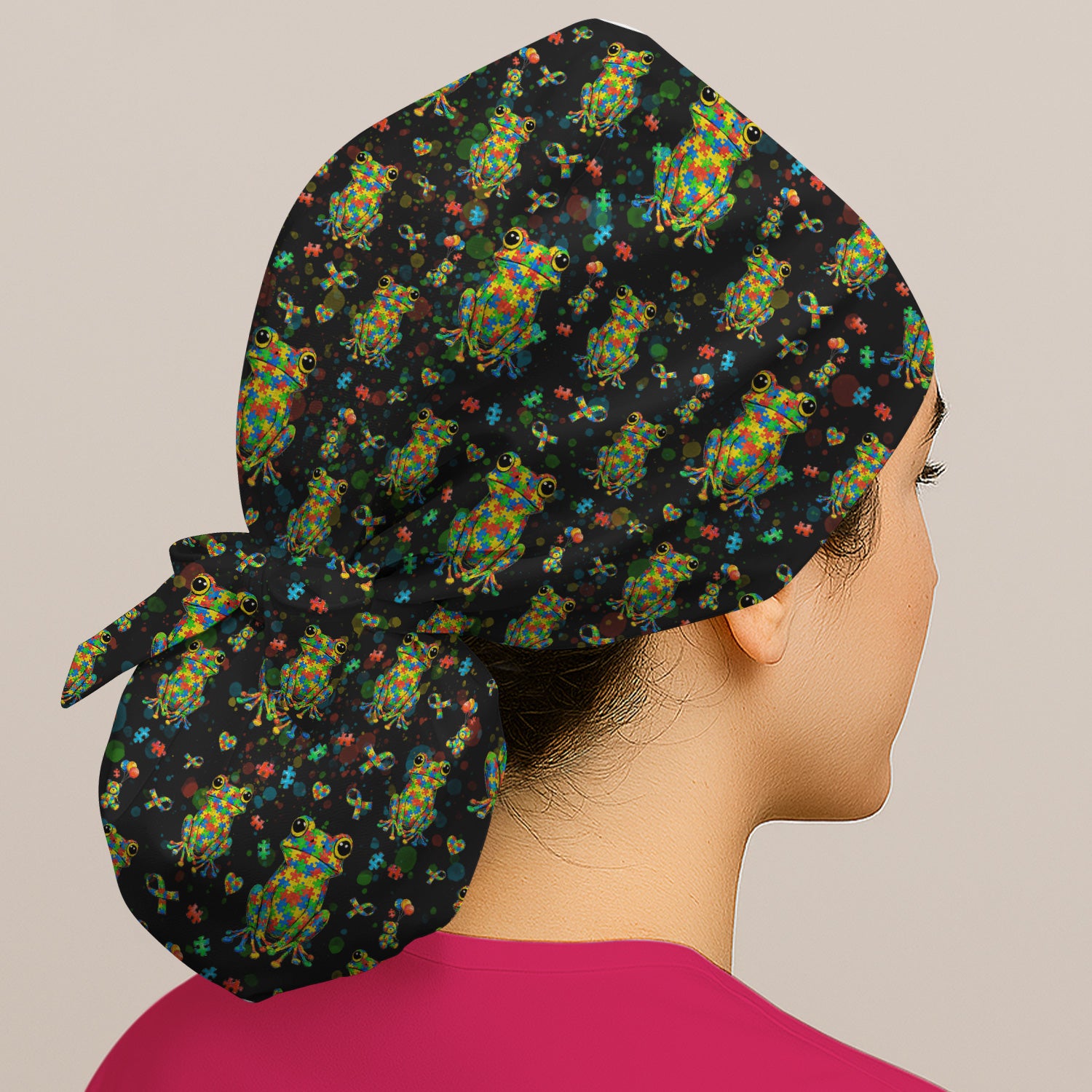 Colorful Autism Puzzle Frog Pattern Caps, Bouffant Scrub Caps for Women
