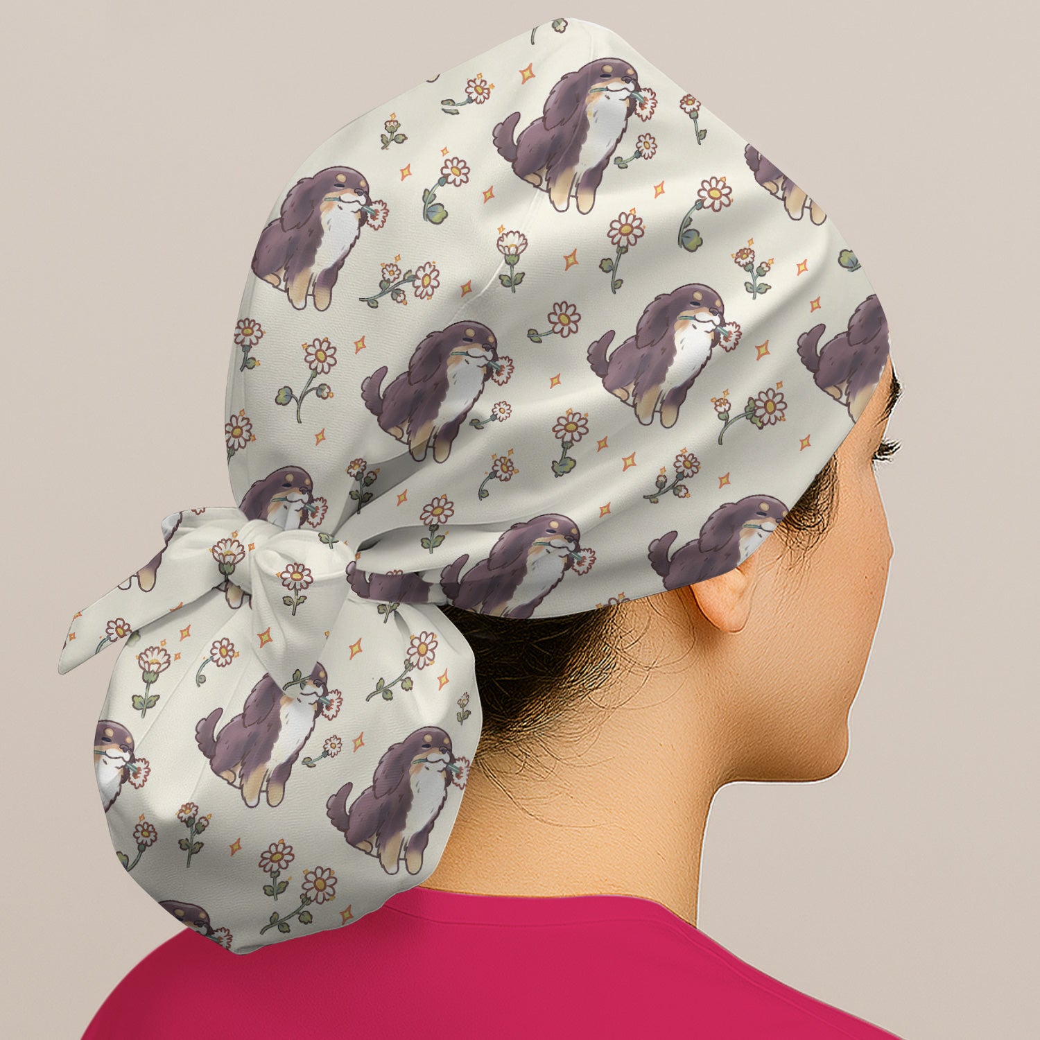 Cute Floral Otter Holding Daisy Pattern Scrub Cap, Surgical Caps for Doctors
