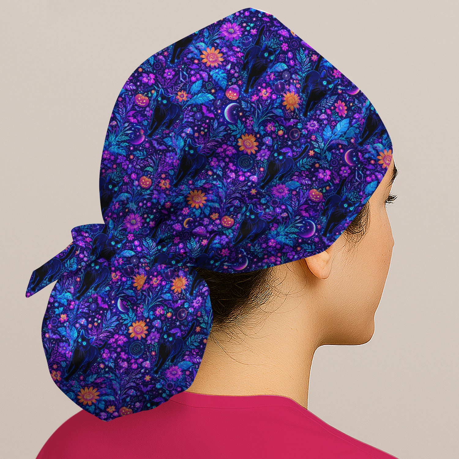 Halloween Black Cat Floral Print Scrub Cap, Surgical Caps for Doctors
