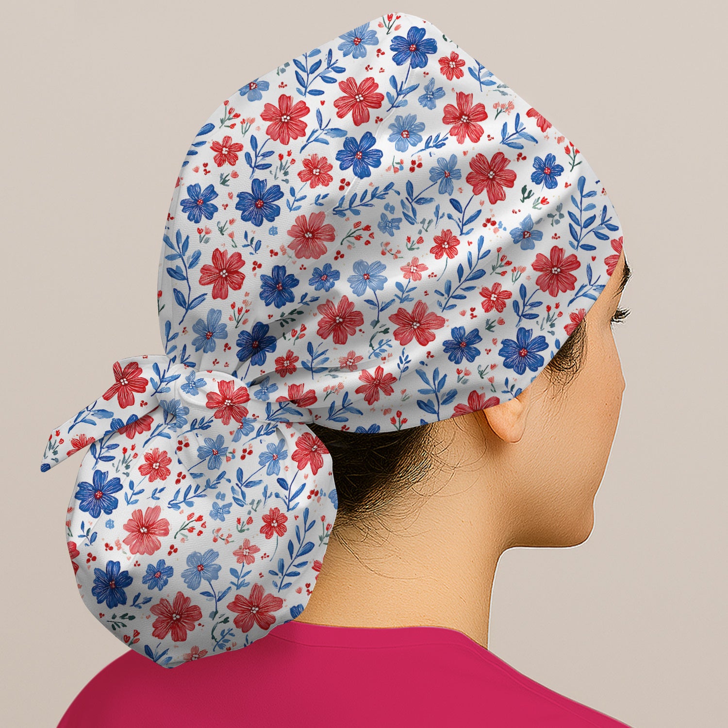 Patriotic Red White Blue Floral Print Scrub Cap, Surgical Caps for Doctors