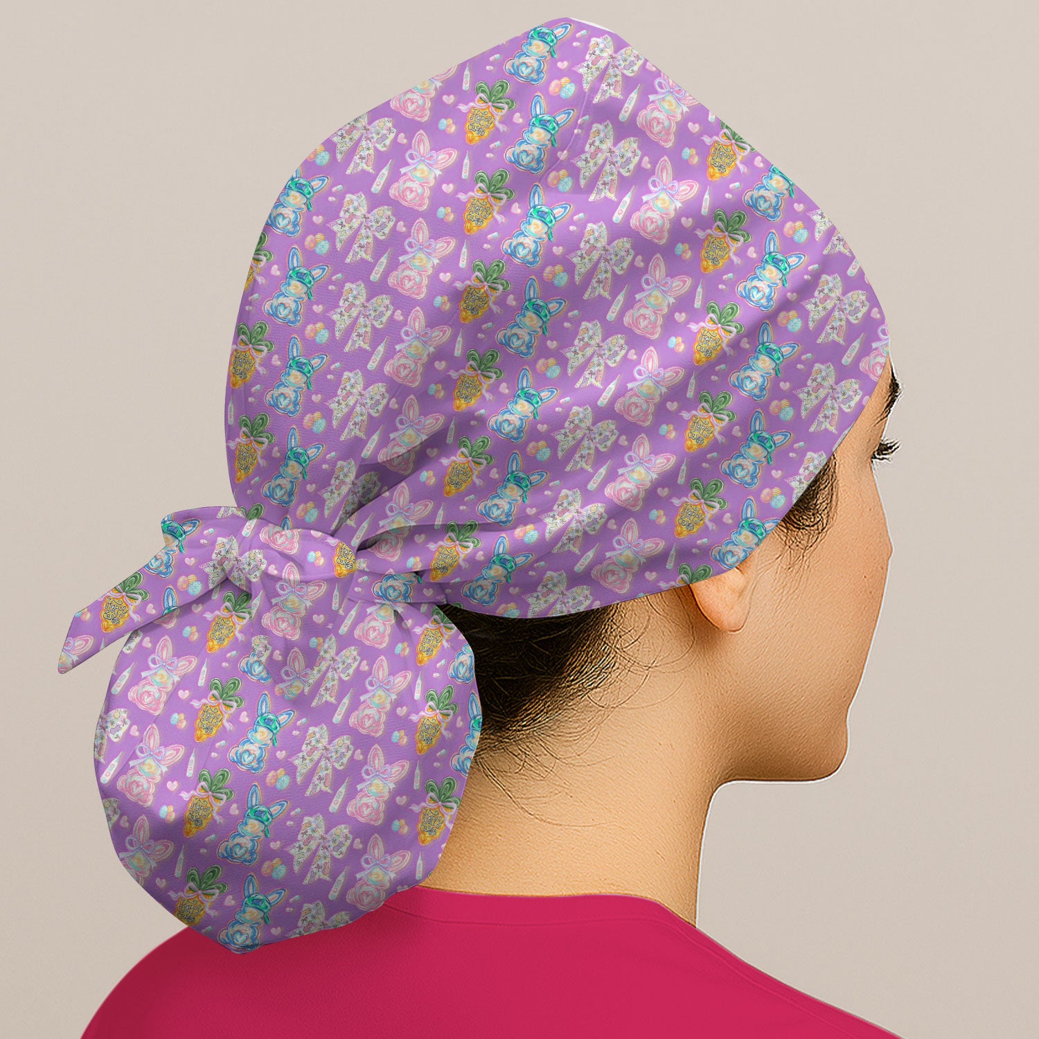 Easter Bunny Carrot Bow Floral Print Cap, Bouffant Scrub Caps for Women