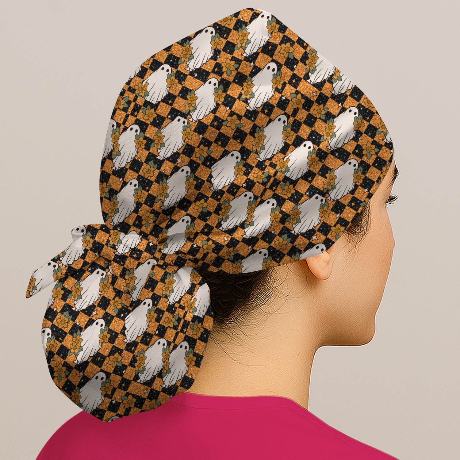 Spooky Halloween Ghost Checkerboard Scrub Cap, Surgical Caps for Doctors