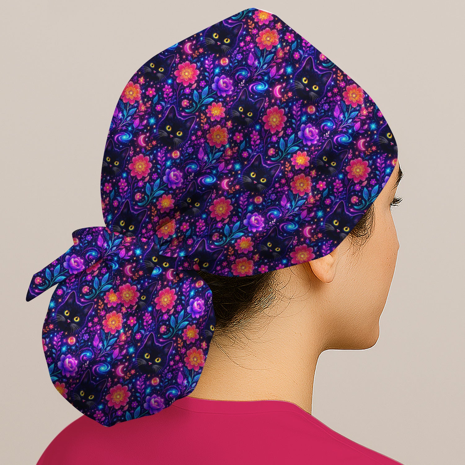 Galaxy Black Cat Floral Pattern Scrub Cap, Surgical Caps for Doctors
