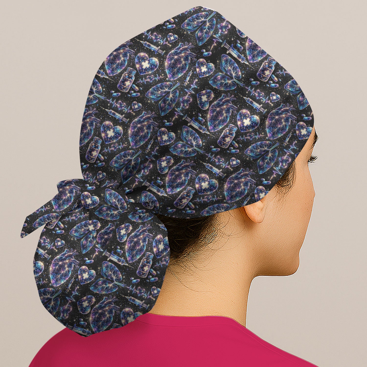 Galaxy Anatomical Heart Lung Syringe Print Cap, Bouffant Scrub Caps for Women