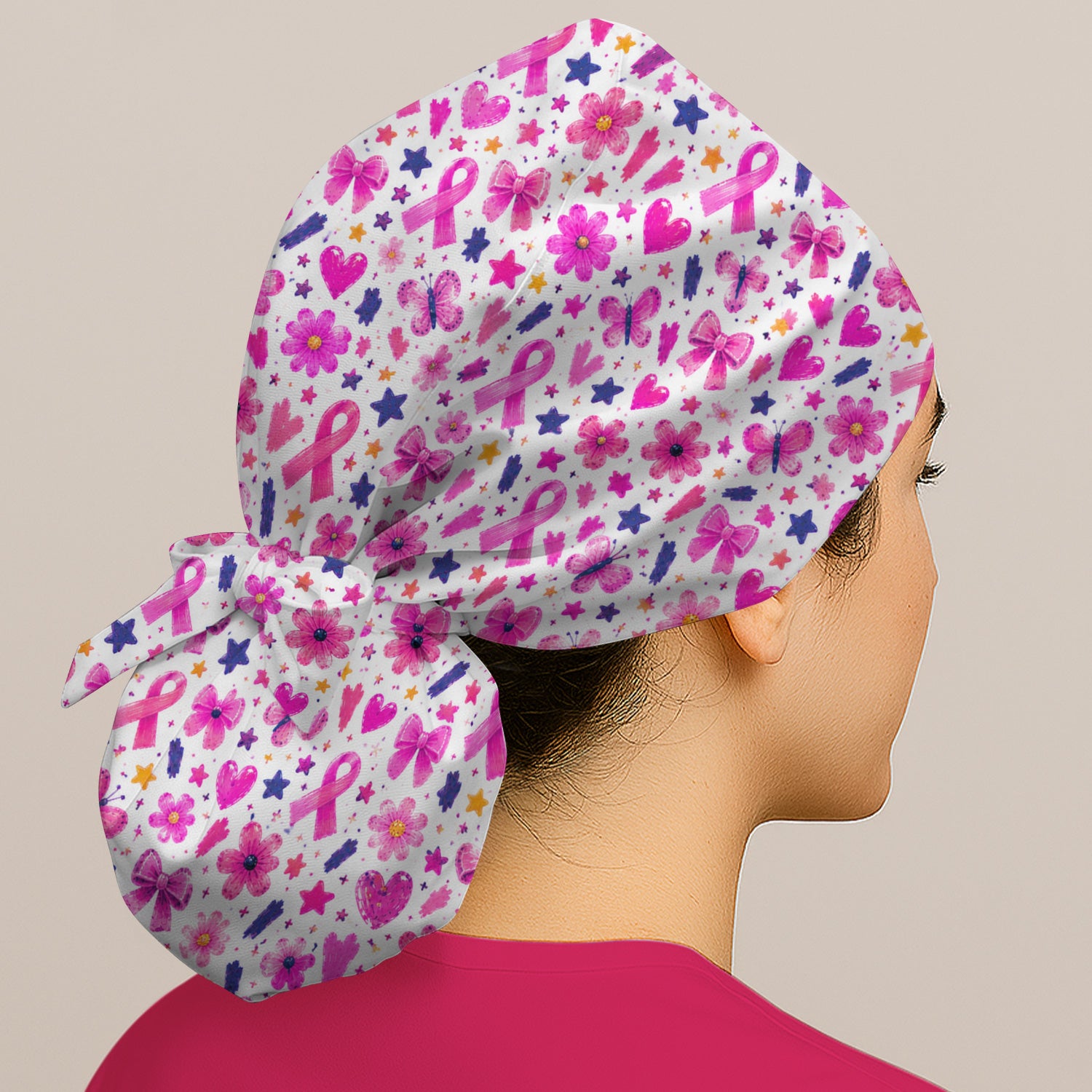 Pink Ribbon Floral Pattern Scrub Cap, Surgical Caps for Doctors