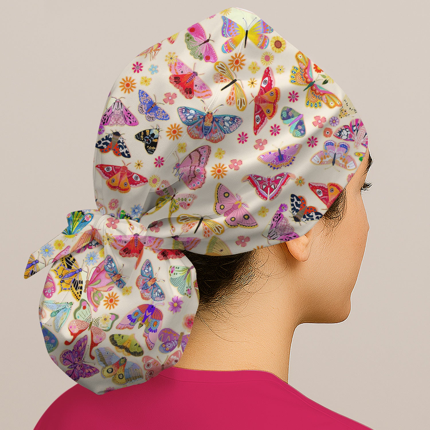 Colorful Butterfly Floral Pattern Scrub Cap, Bouffant Scrub Caps for Women