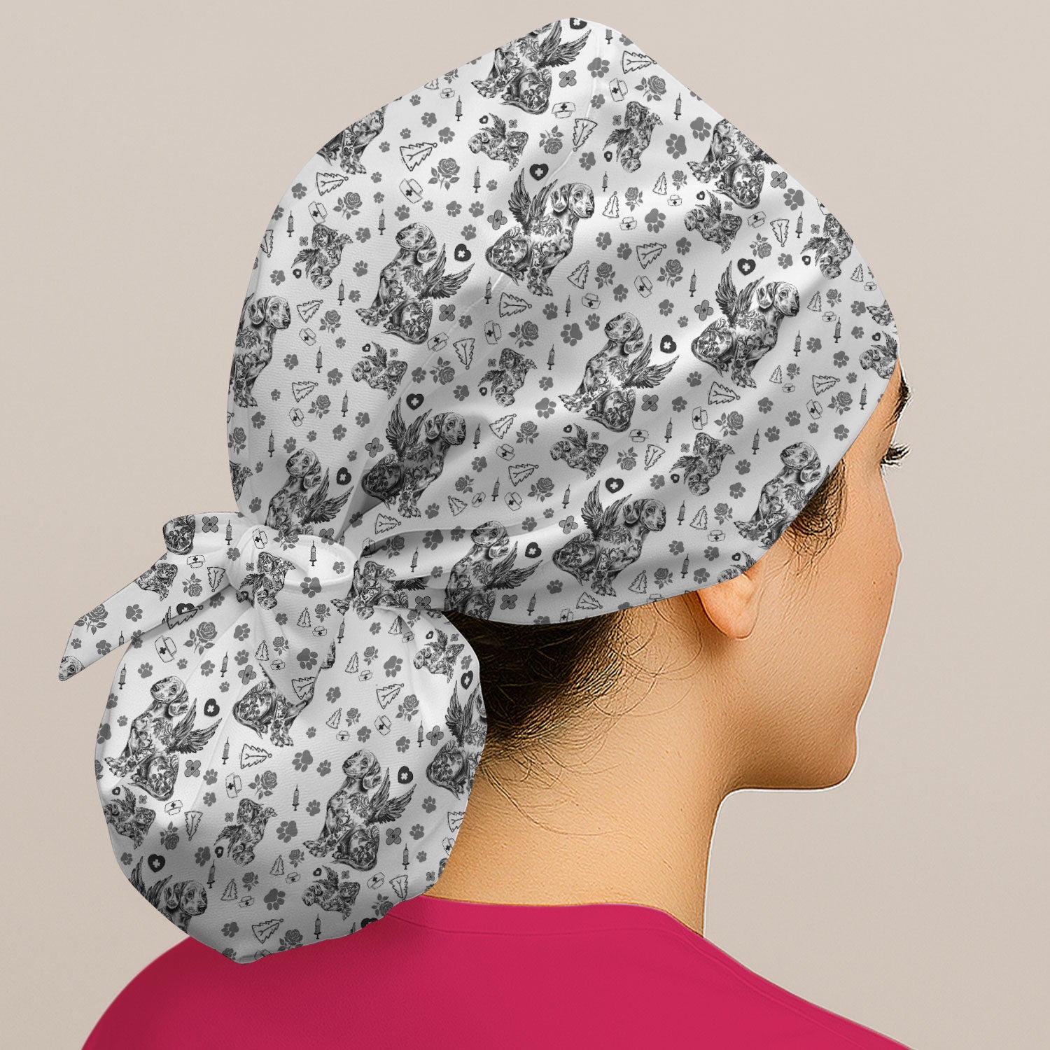 Dachshund Angel Bouffant Scrub Caps for Women - Toile de Jouy Surgical Caps for Doctors - Puppy Lover Gift for Her