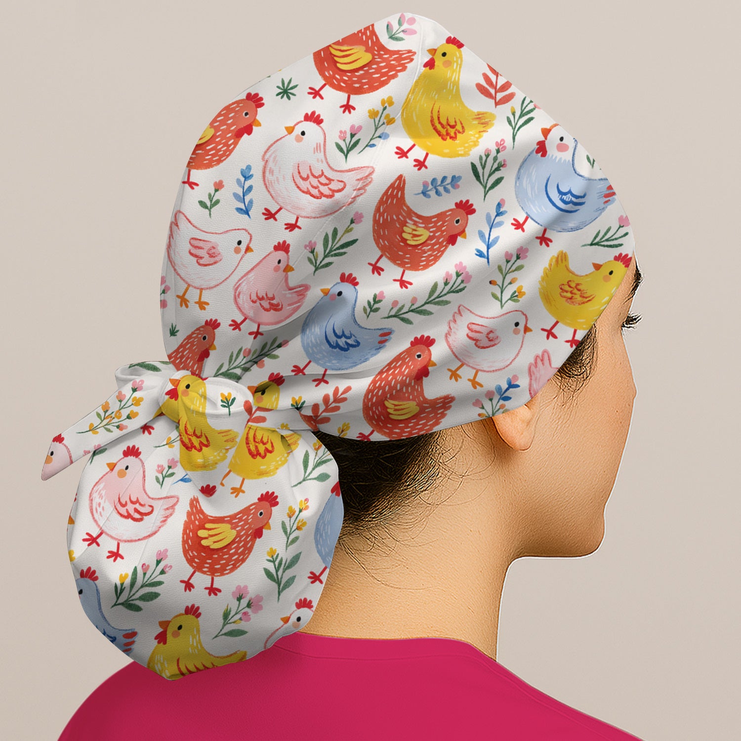 Fun Cartoon Hen Print Scrub Cap, Breathable Fabrics Caps Uniform