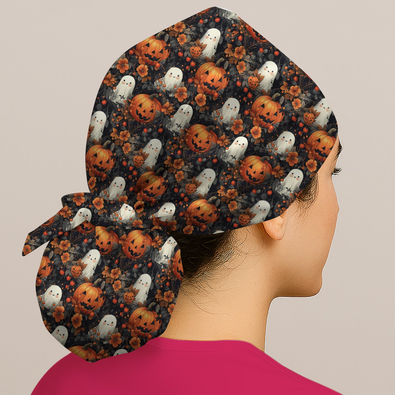Spooky Halloween Ghost And Pumpkin Pattern Scrub Cap, Surgical Caps for Doctors