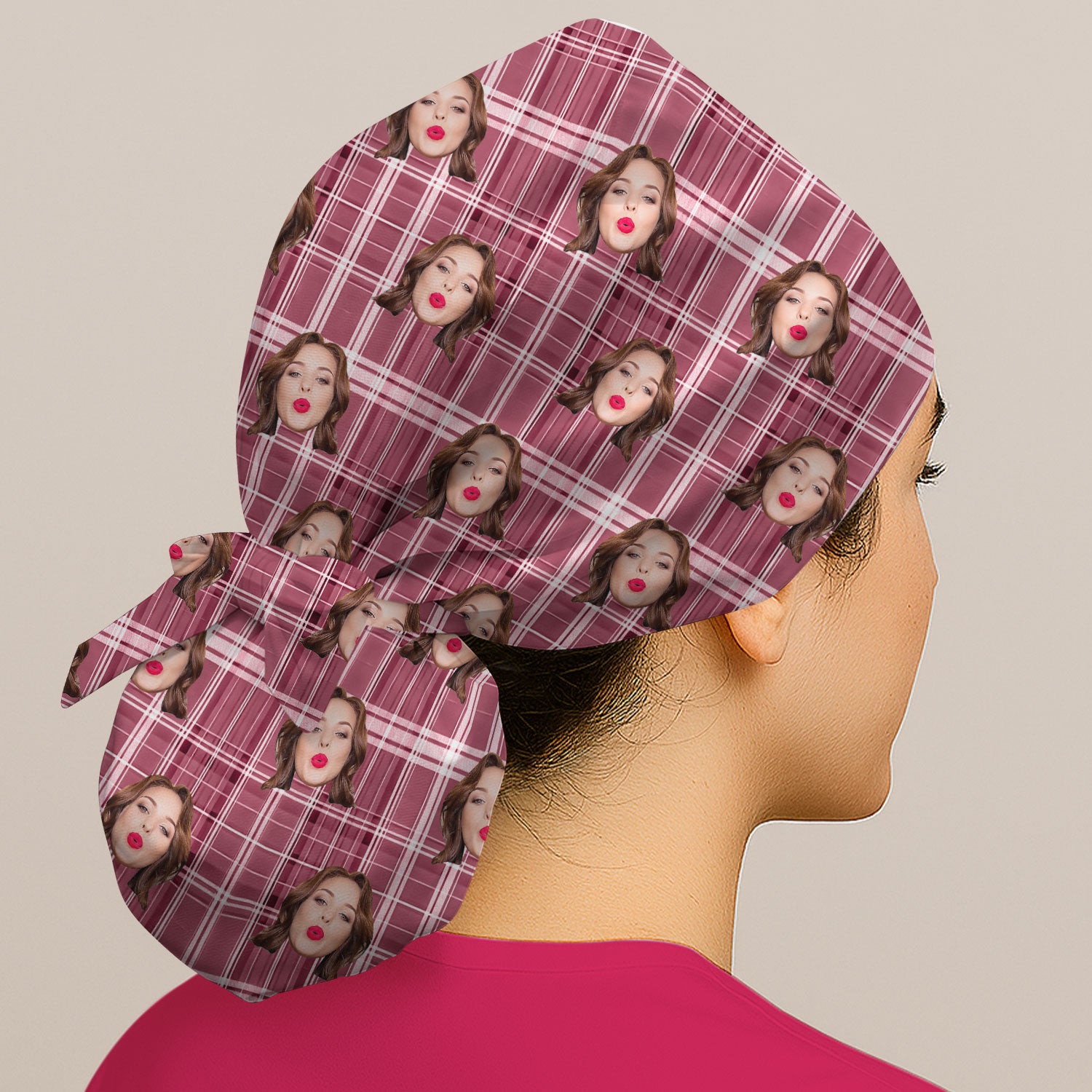 Personalized Funny Face Plaid Scrub Cap, Custom Photo Pattern Surgical Cap For Doctors, Breathable Fabrics Caps Uniform