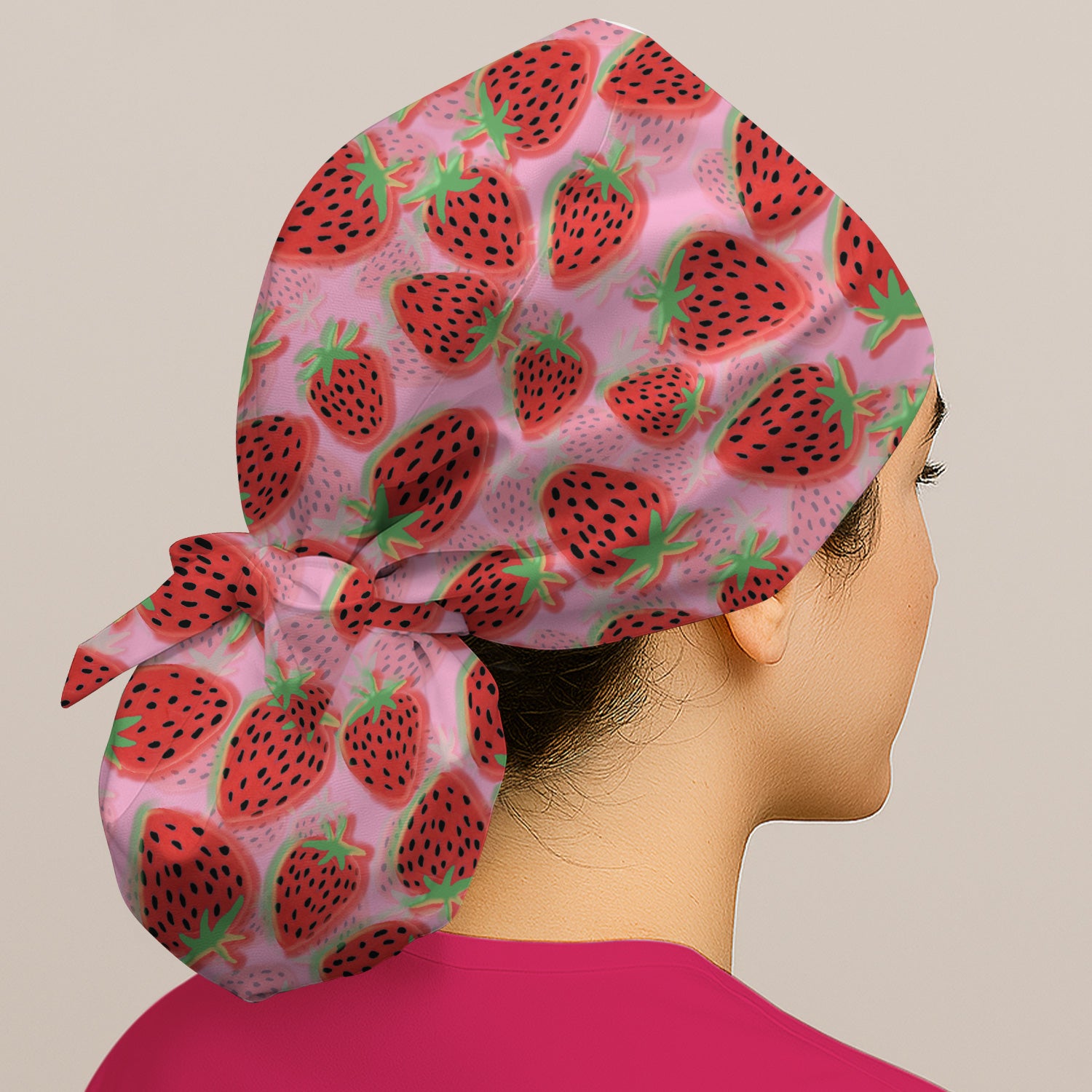 Pink Strawberry Pattern Cap, Bouffant Scrub Caps for Women