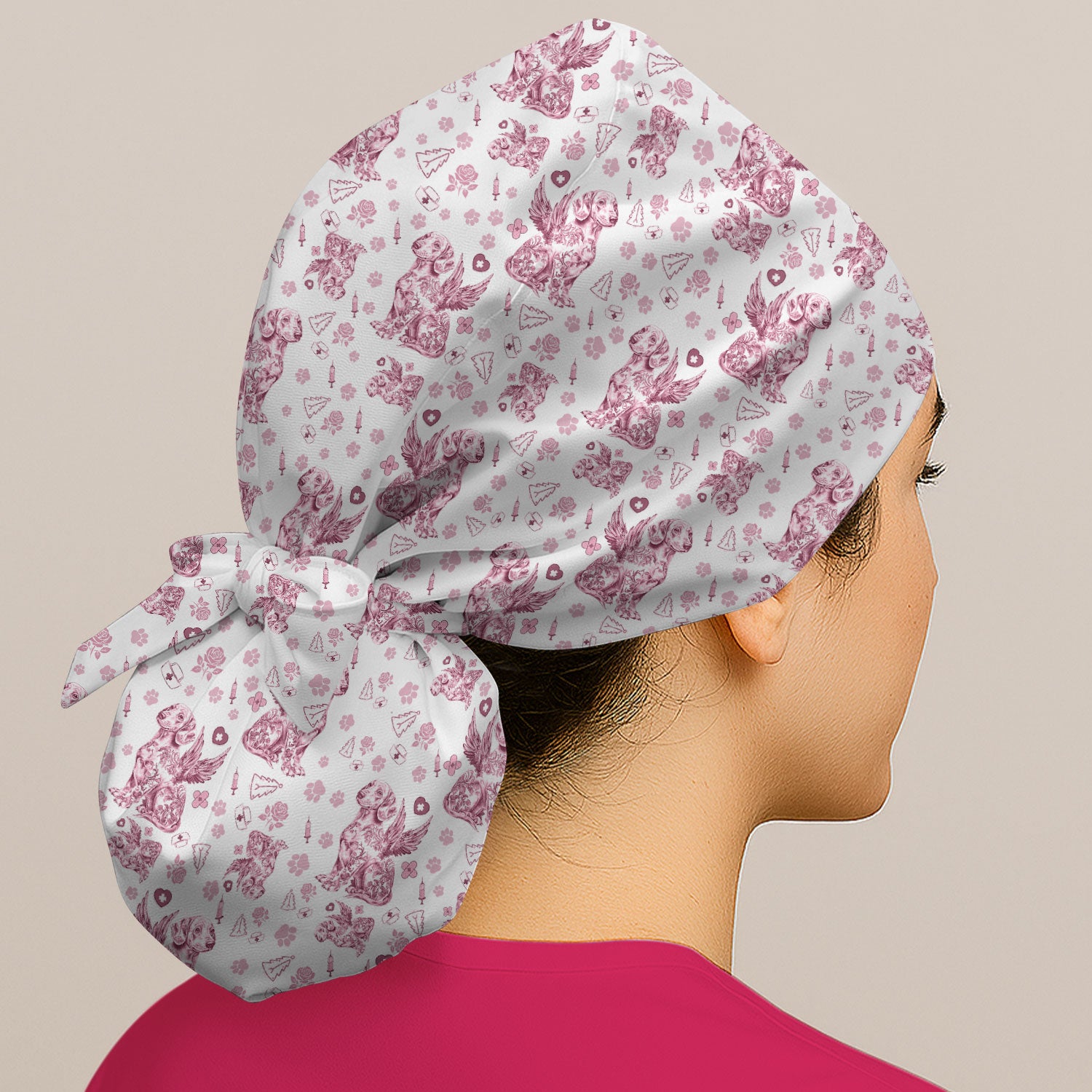 Dachshund Angel Bouffant Scrub Caps for Women - Toile de Jouy Surgical Caps for Doctors - Puppy Lover Gift for Her