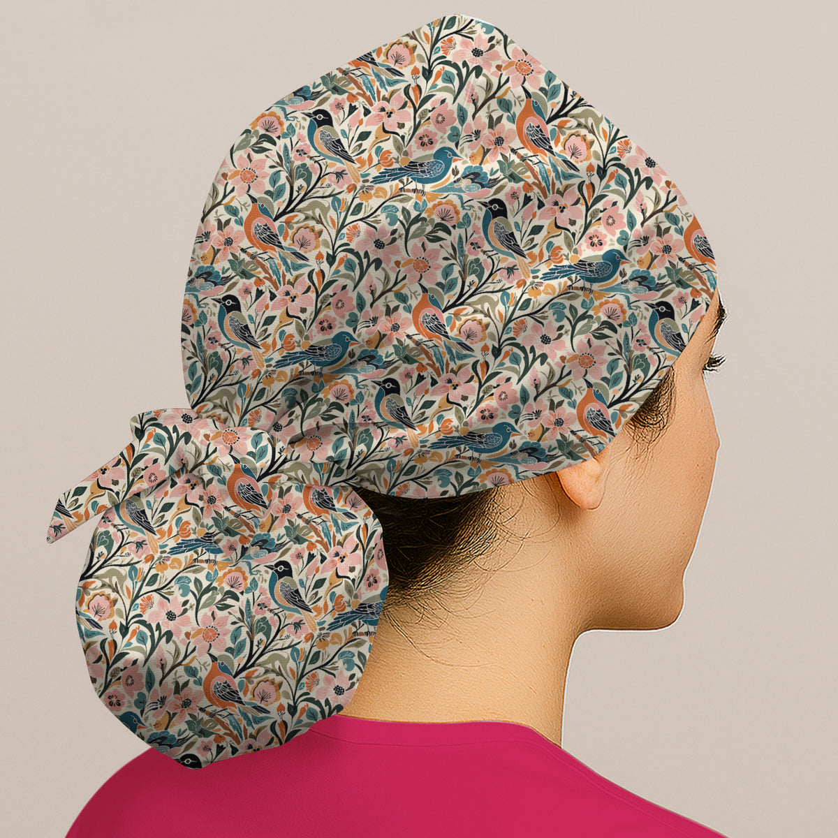 Folk Art Songbird Floral Pattern Scrub Cap, Surgical Caps for Doctors