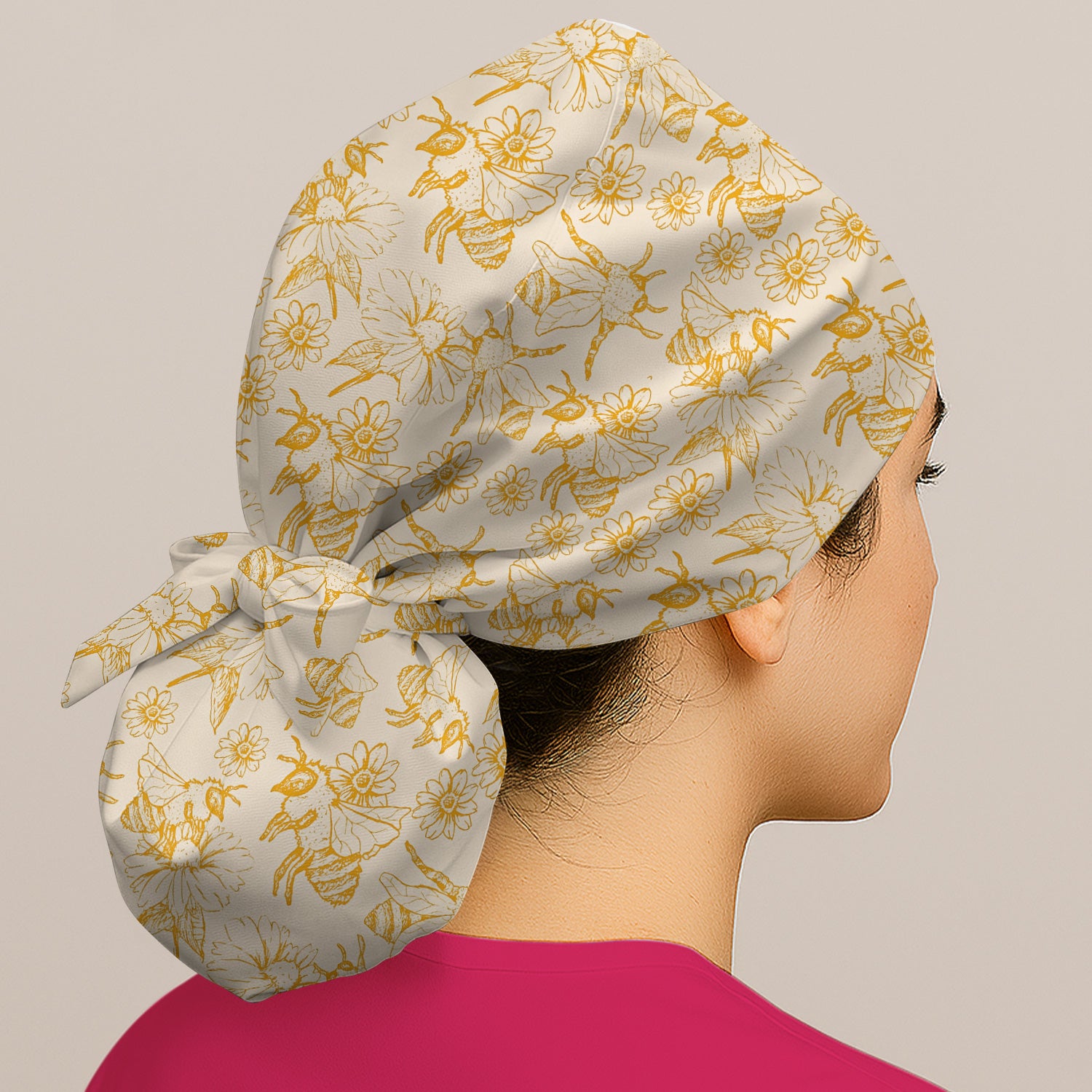 Cute Honey Bee Flower Sketch Pattern Nurse Scrub Cap, Surgical Caps for Doctors