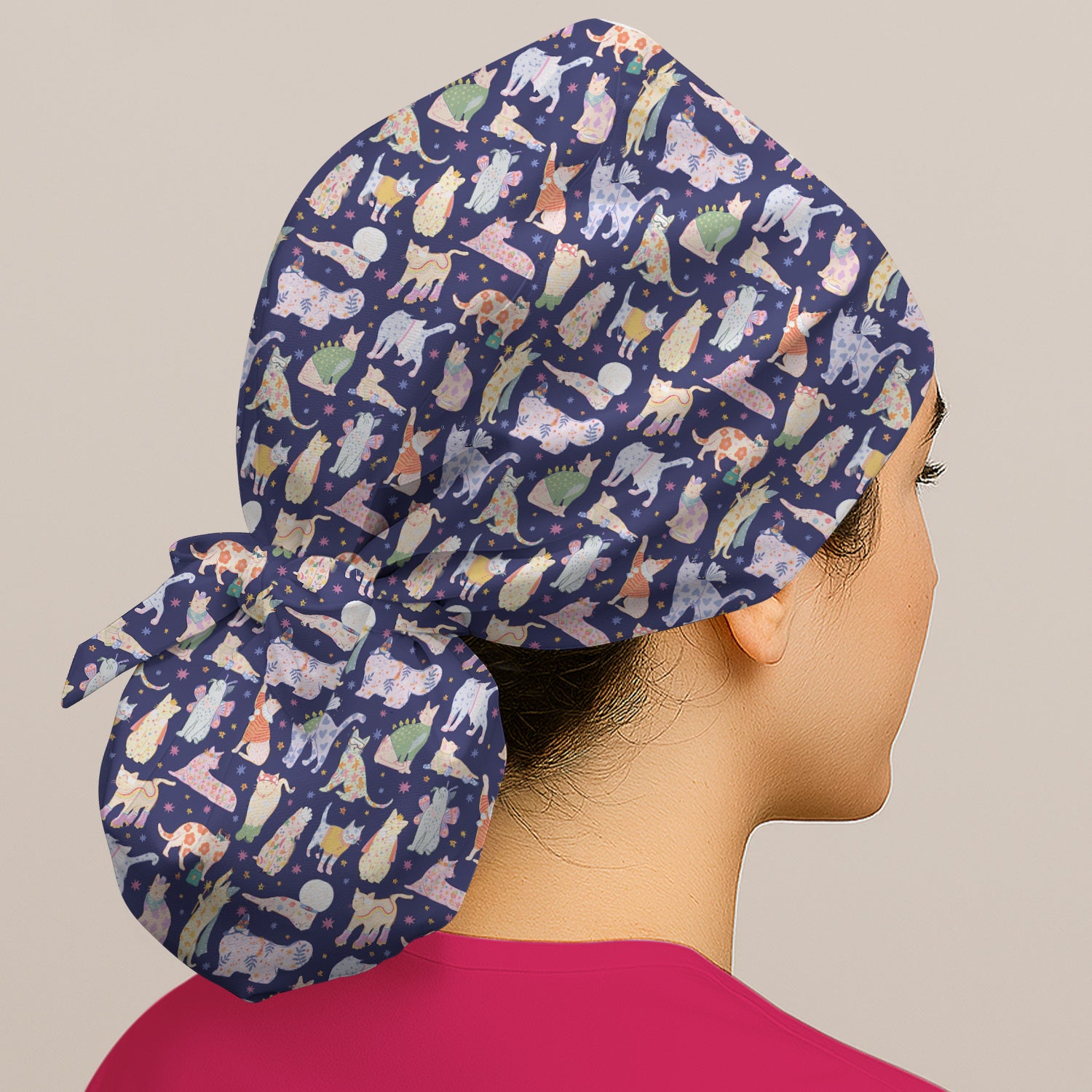 Cute Colorful Cats Pattern Print Cap, Bouffant Scrub Caps for Women