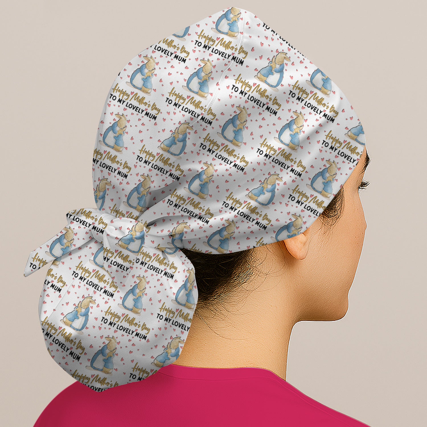 Happy Mothers Day Bunny Love Pattern Caps, Bouffant Scrub Caps for Women