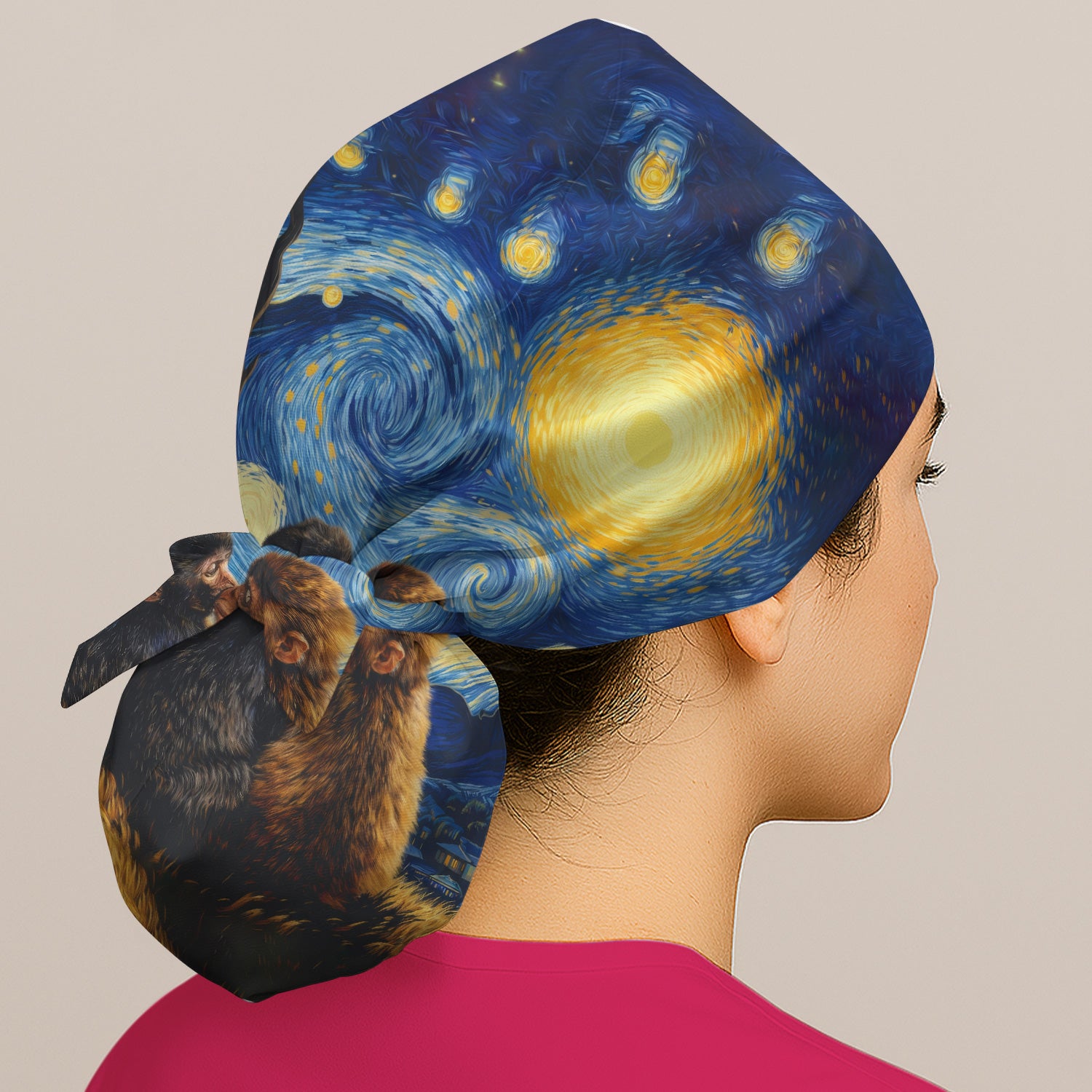 Romantic Monkey Couple Night Sky Pattern Scrub Cap, Breathable Fabrics Caps Uniform