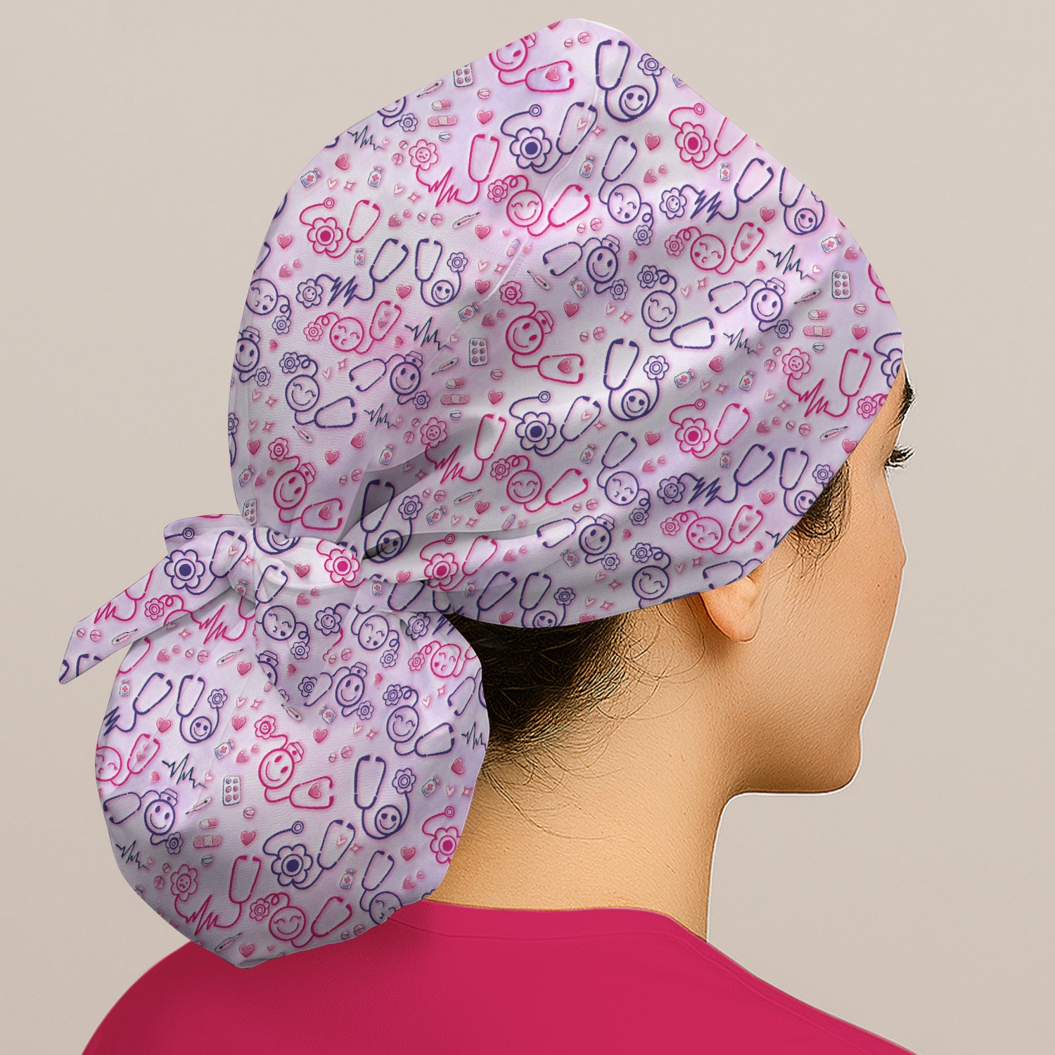 Stethoscope Heart Cute Icon Print Cap, Bouffant Scrub Caps for Women