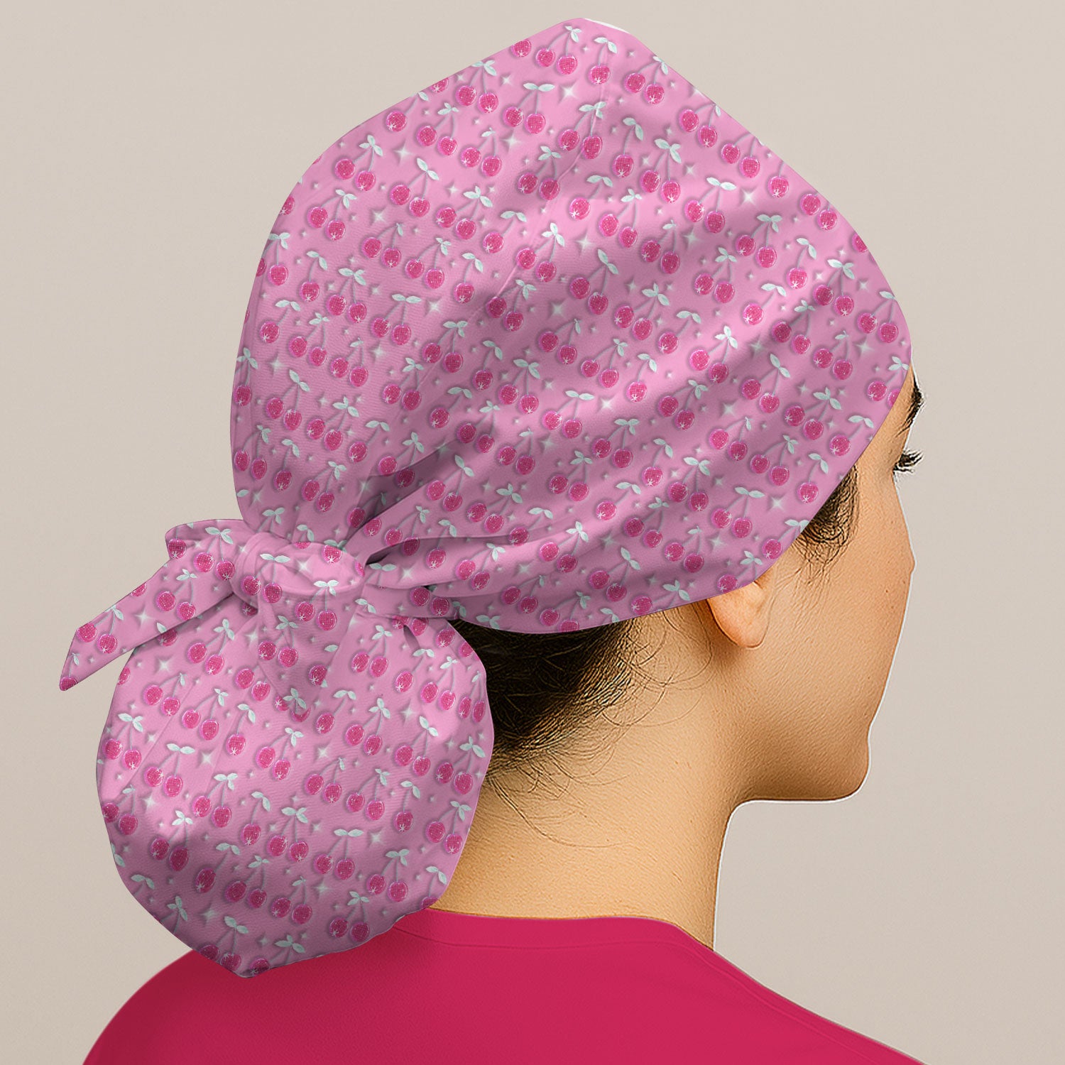 Pink Cherry Sparkle Print Cap, Breathable Fabrics Caps Uniform
