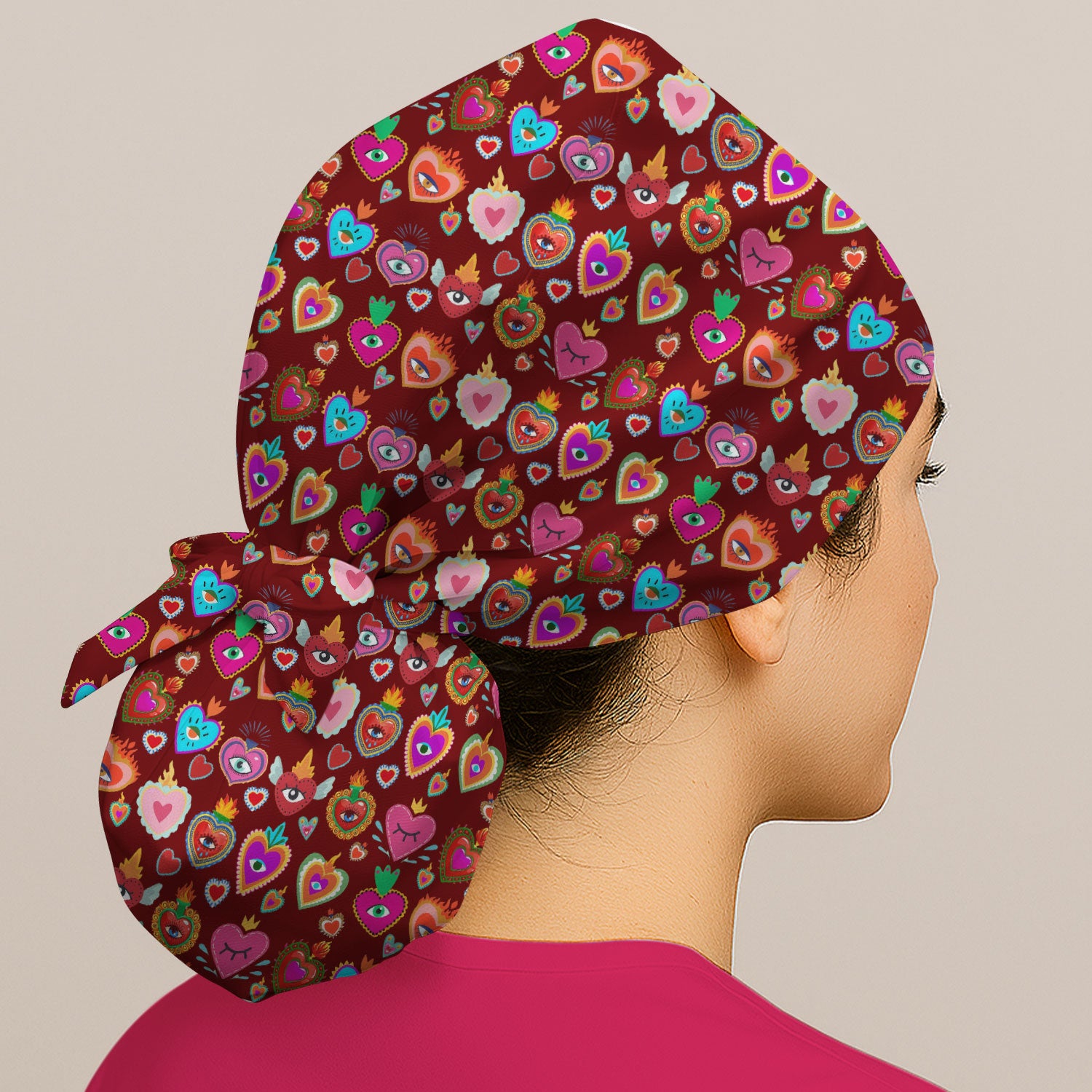 Valentine Colorful Sacred Heart Print Cap, Bouffant Scrub Caps for Women