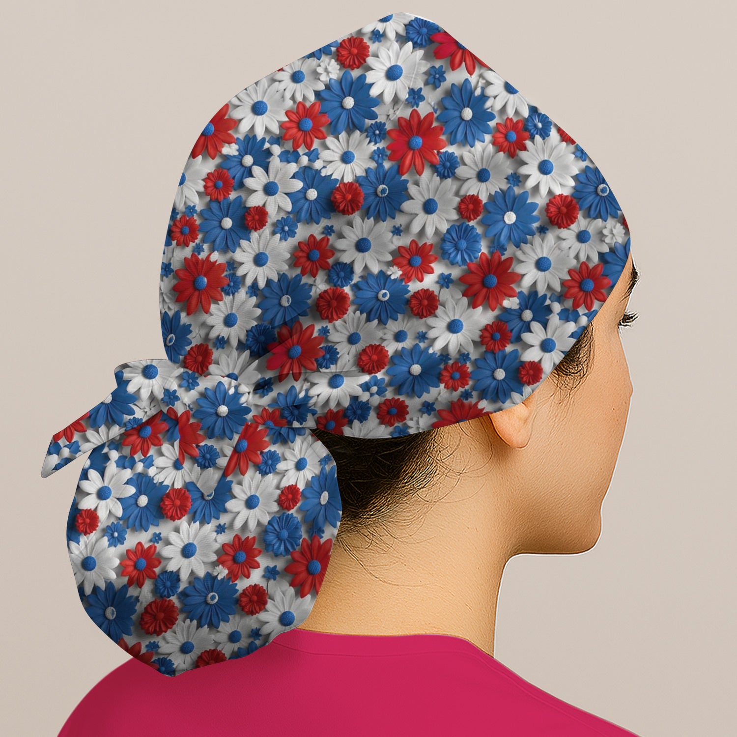 Patriotic Red Blue Daisy Floral Pattern Nurse Scrub Cap, Surgical Caps for Doctors