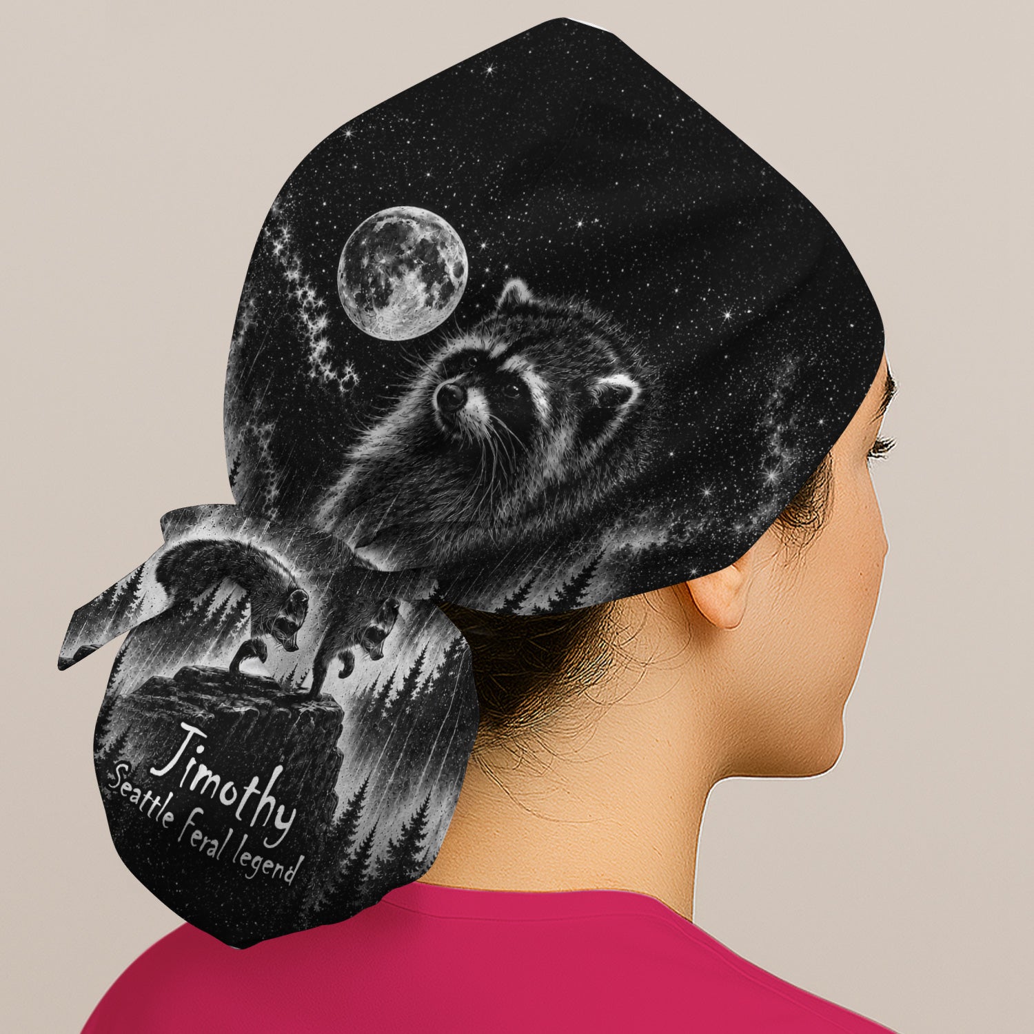 Moonlit Raccoon Forest Print Scrub Cap, Surgical Caps for Doctors