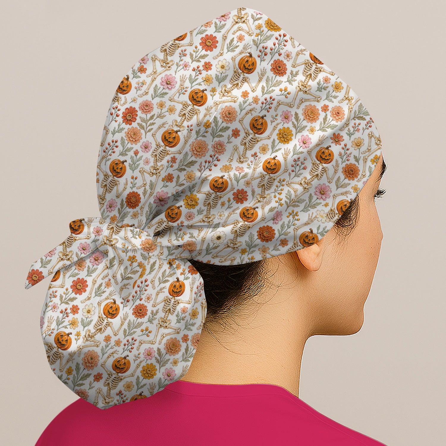 Halloween Pumpkin Skeleton Floral Scrub Cap, Surgical Caps for Doctors