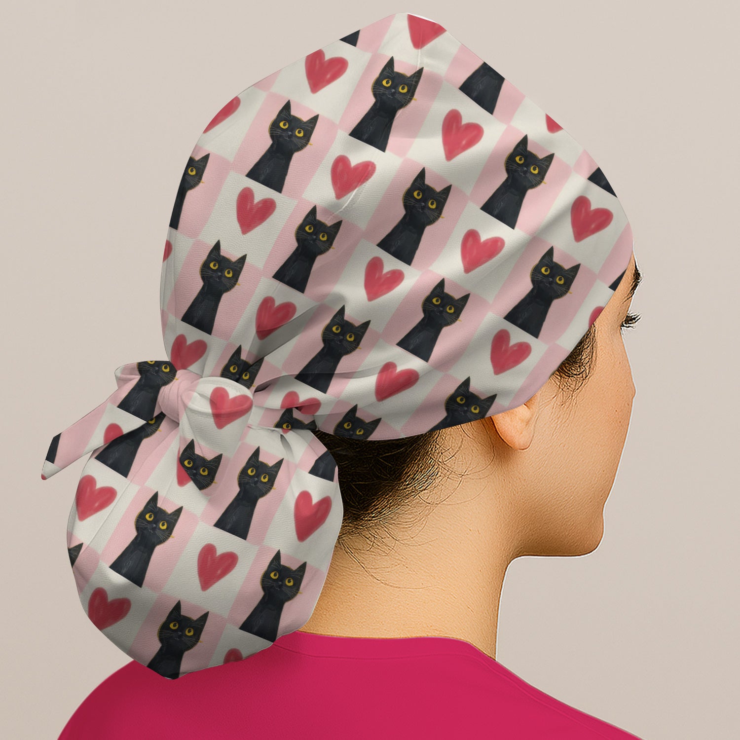 Cute Black Cat Heart Print Surgical Scrub Cap, Pink Medical Work Hat