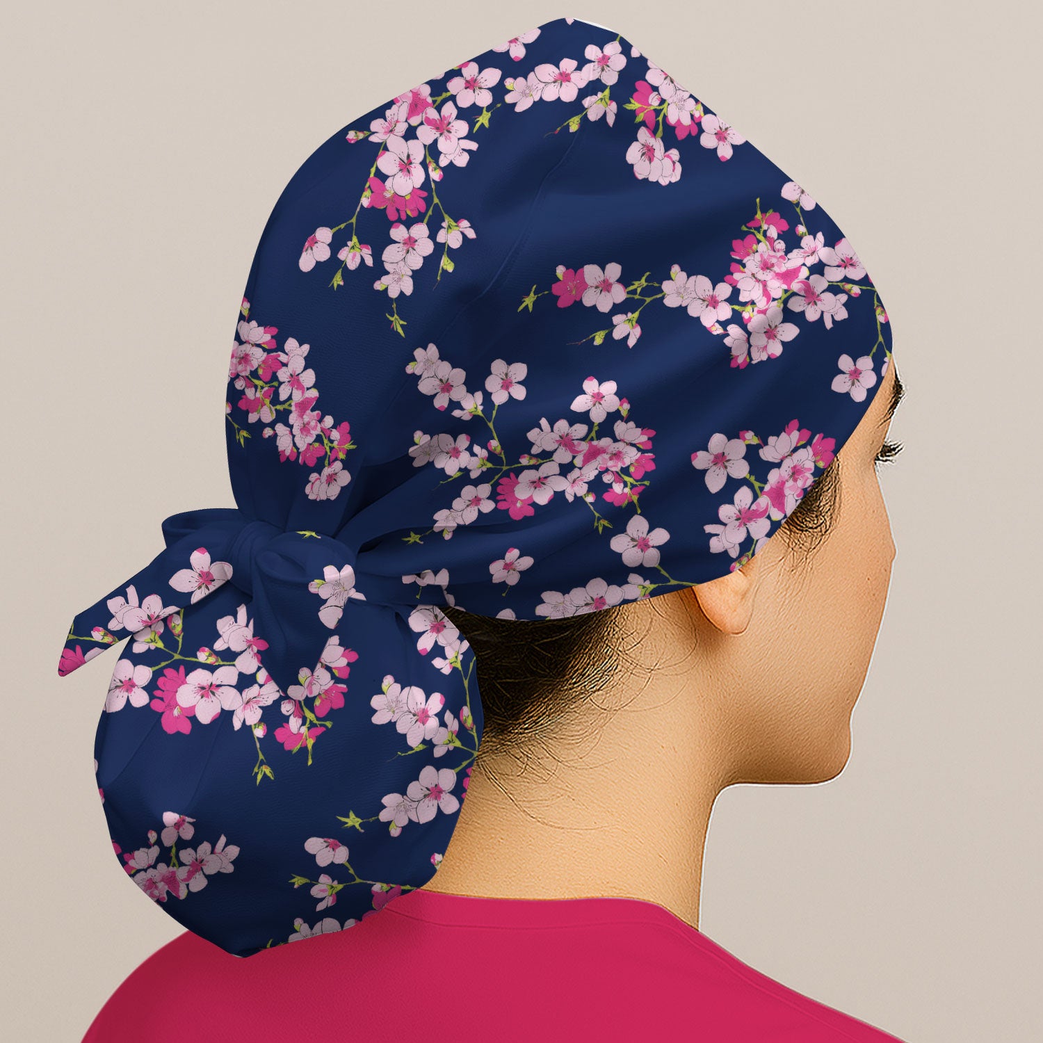 Elegant Cherry Blossom Floral Pattern Bouffant Cap, Scrub Caps for Women