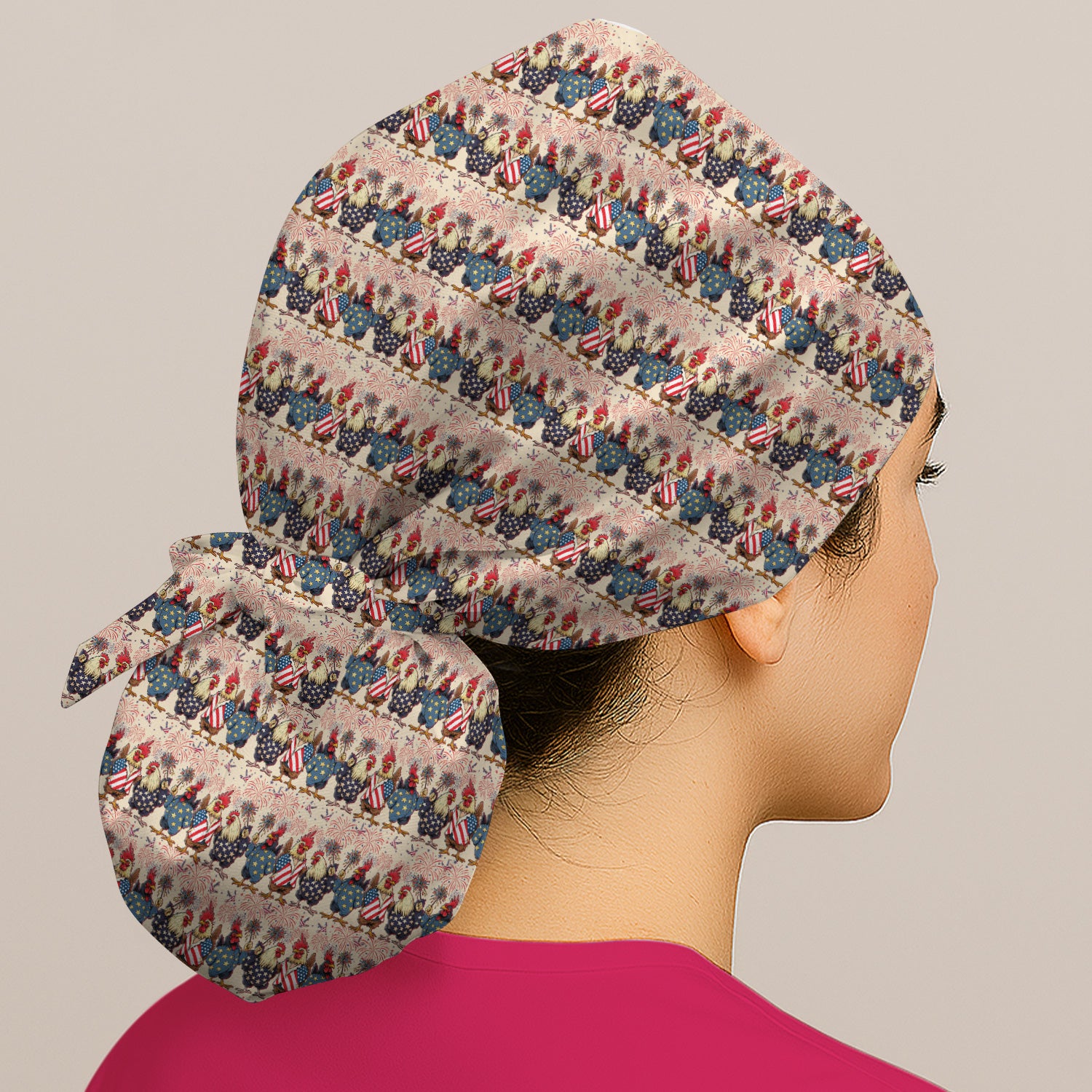 Patriotic Rooster Fireworks Pattern Cap, Bouffant Scrub Caps for Women
