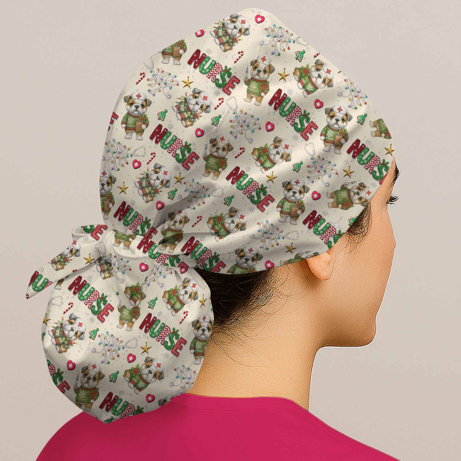 Bulldog Bouffant Scrub Caps for Women - Puppy Lover Gift - Breathable Fabrics Caps Uniform