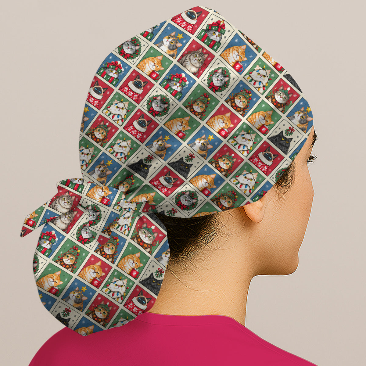 Cute Christmas Cat Patchwork Scrub Cap, Surgical Caps for Doctors
