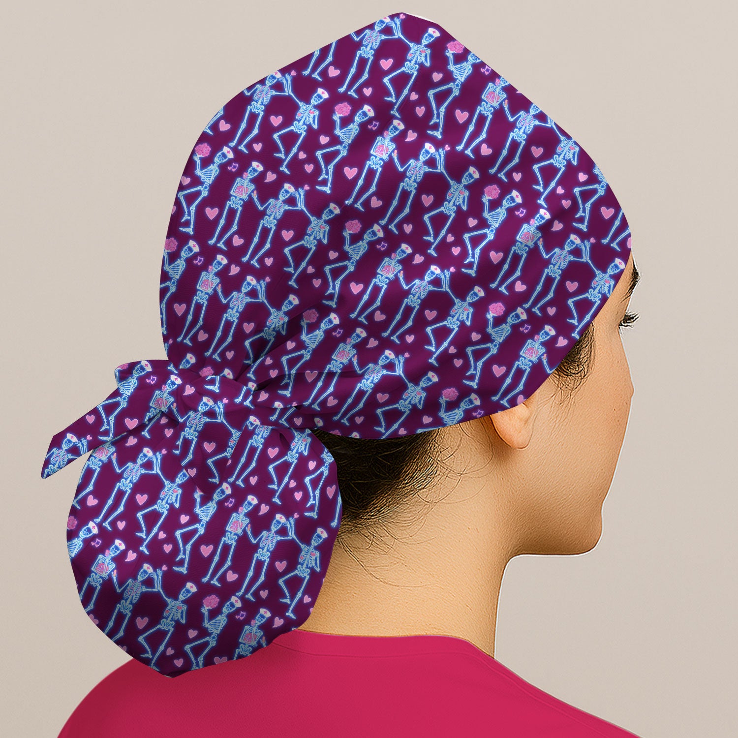 Skeleton Nurse Heart Pattern, Playful Nurse Style, Bouffant Scrub Caps for Women