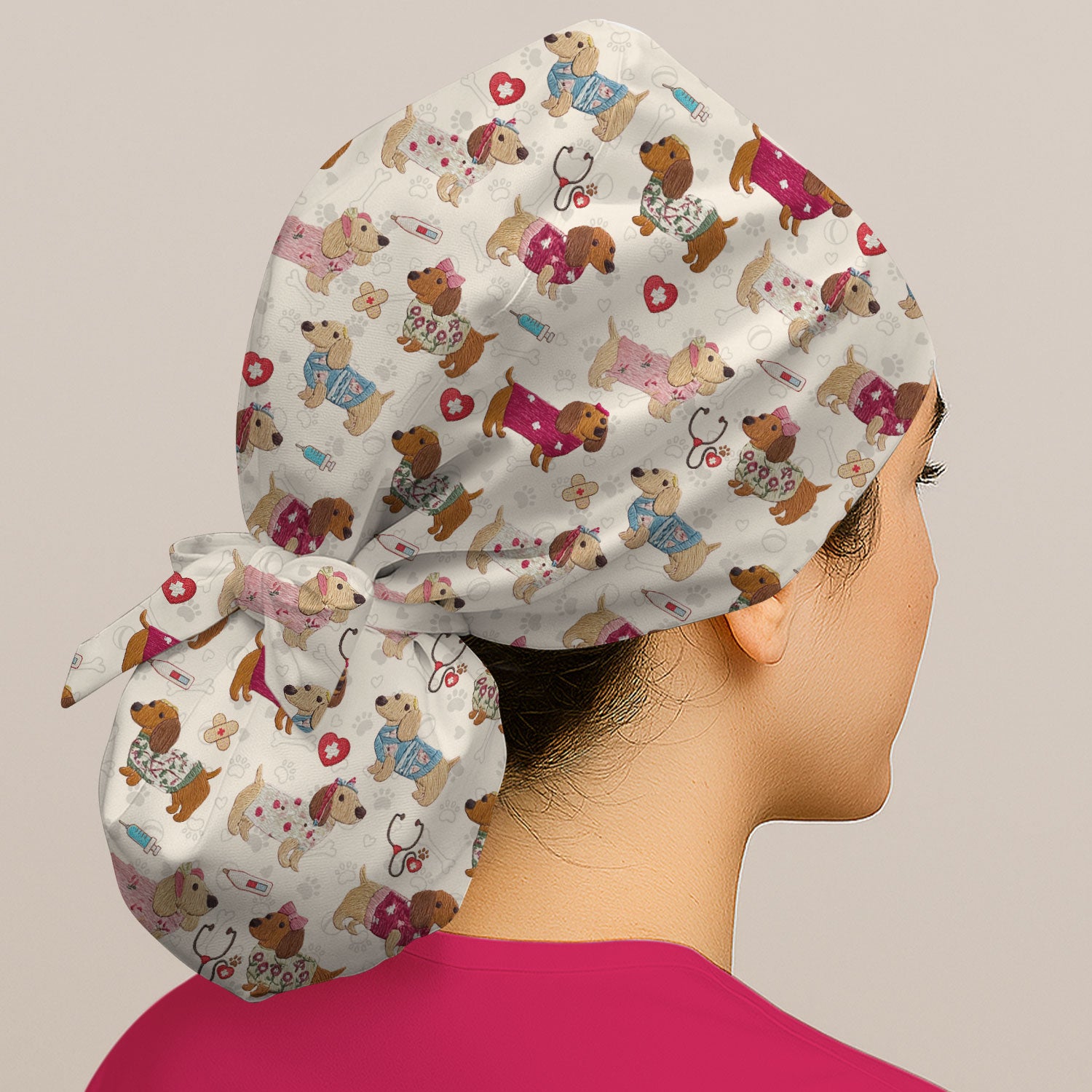 Cute Medical Wiener Dog Pattern Nurse Cap, Dachshund Nursing Scrub Hat, Breathable Fabrics Nursing Uniform