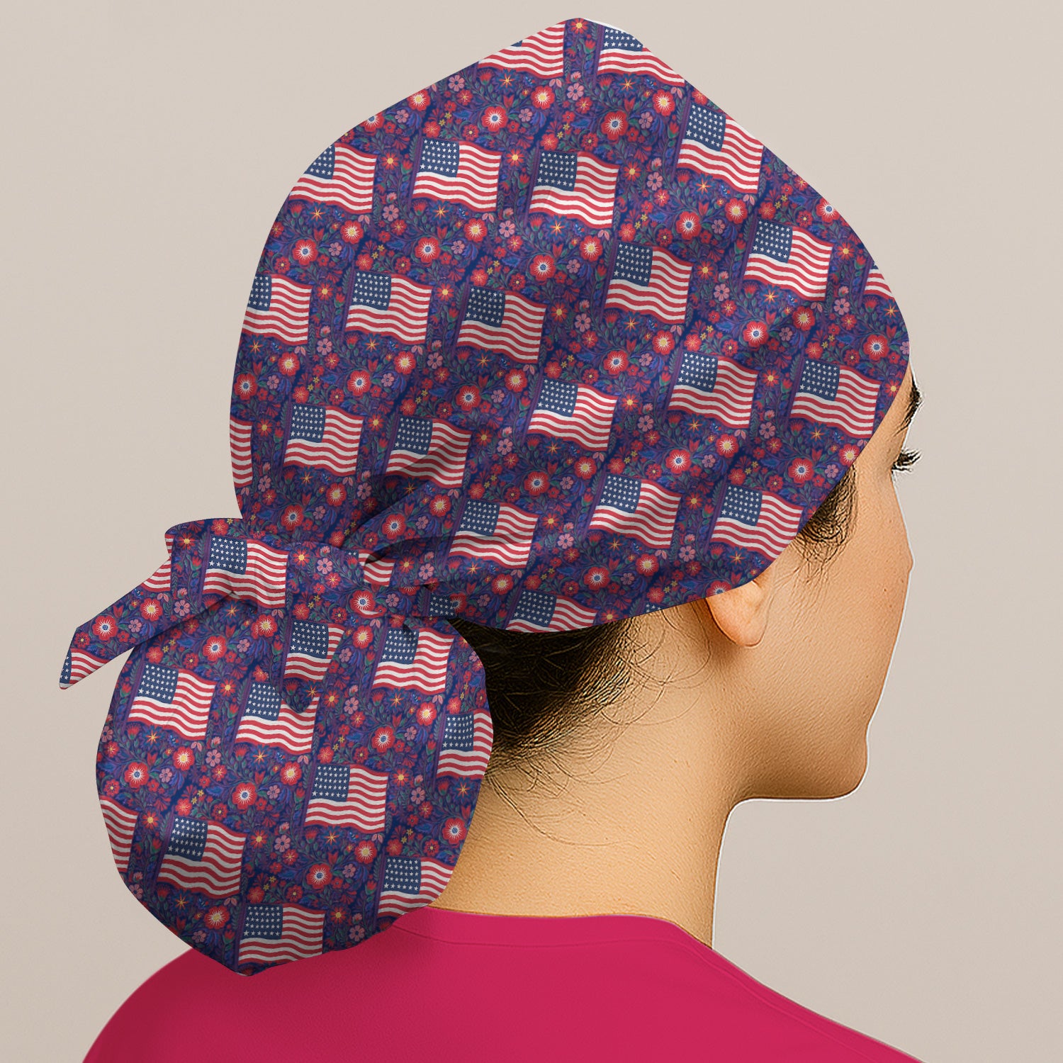 Patriotic USA Flag With Floral Fireworks Pattern Scrub Cap, Surgical Caps for Doctors