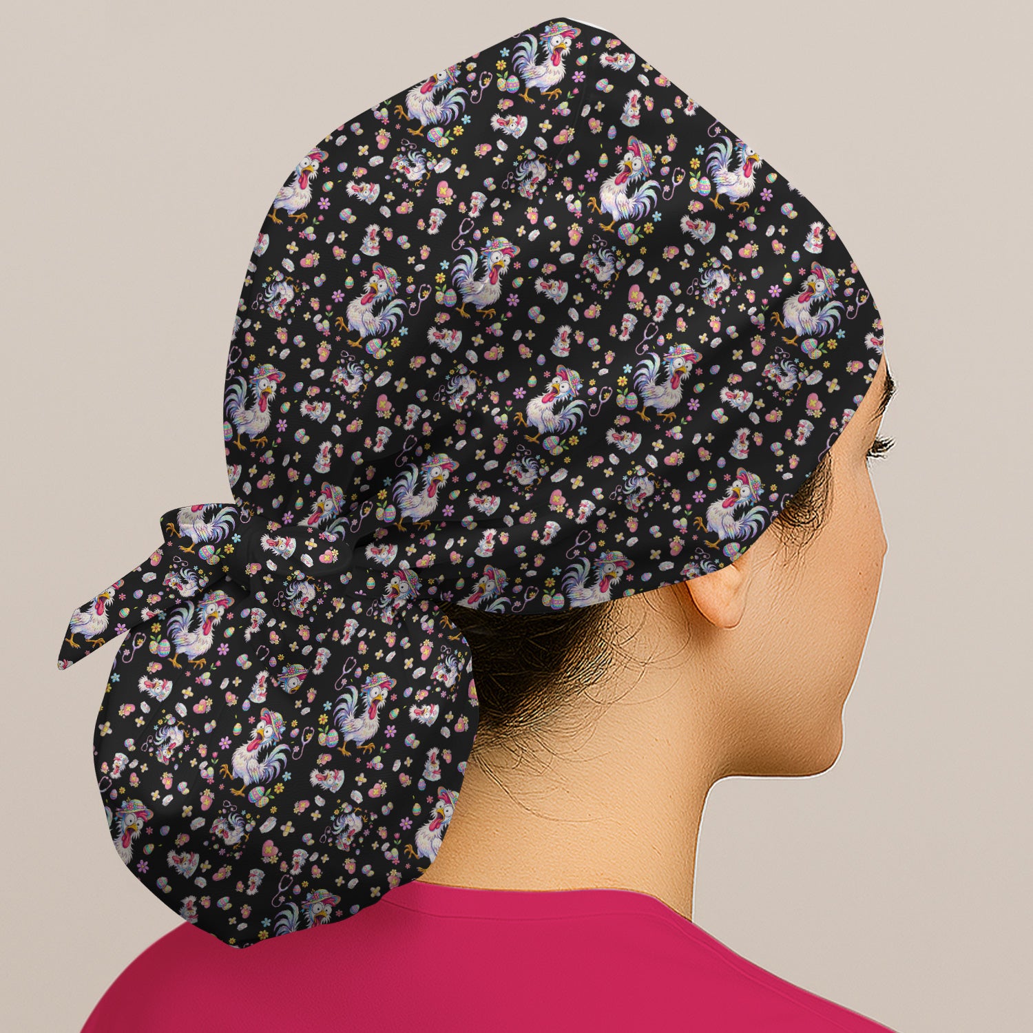 Funny Easter Nurse Chicken Pattern Print Cap, Bouffant Scrub Caps for Women