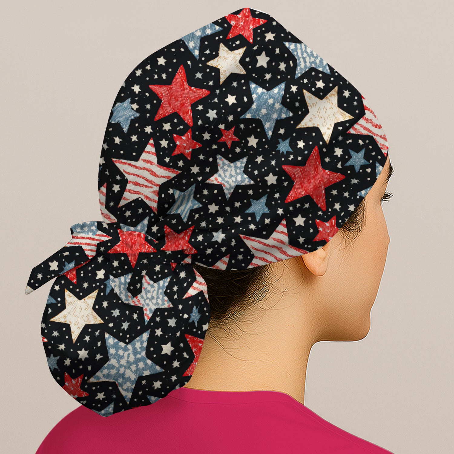 Patriotic Star Pattern Scrub Cap, Breathable Fabrics Caps Uniform