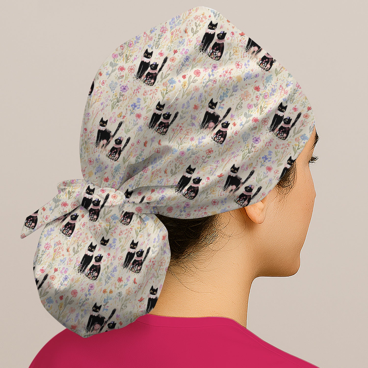Cute Black Cats Wildflower Garden Pattern Nurse Scrub Cap, Surgical Caps for Doctors