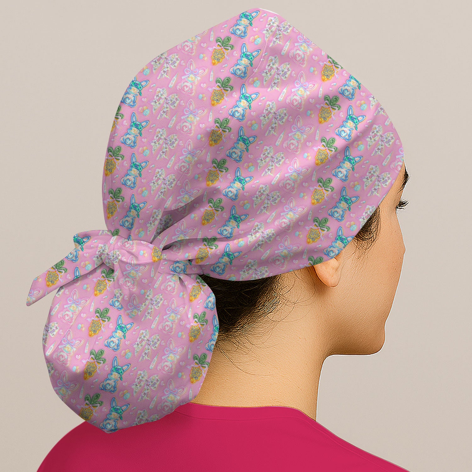 Easter Bunny Carrot Bow Floral Print Cap, Bouffant Scrub Caps for Women