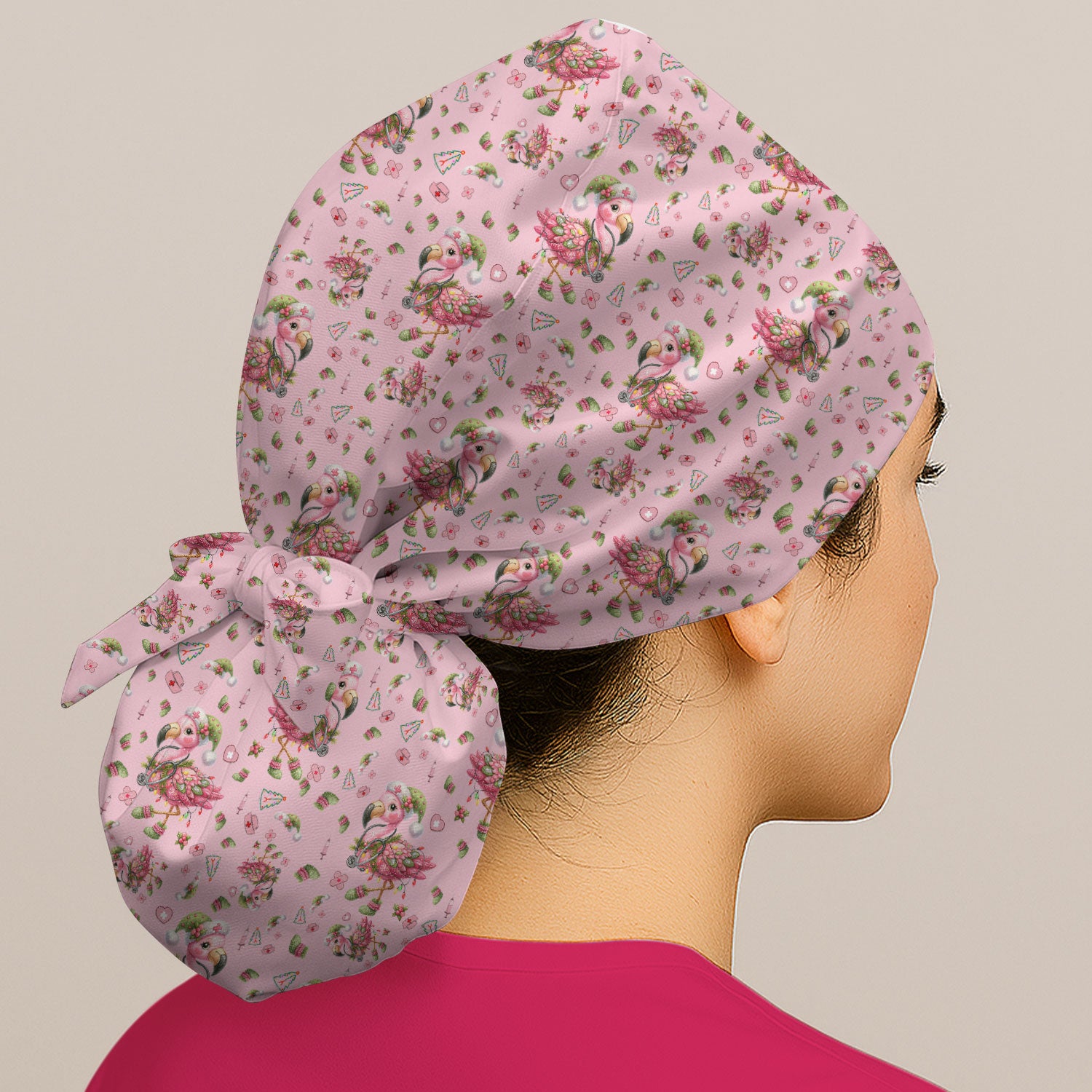 Flamingo Bouffant Scrub Caps for Women - Christmas Holiday Nursing Gift - Breathable Fabrics Caps Uniform