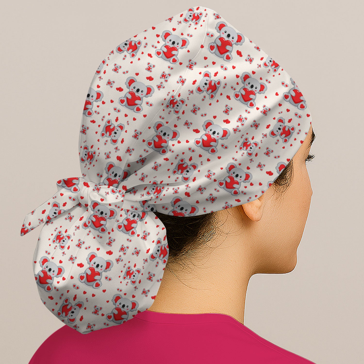 Valentine Cute Koala Heart Pattern Nurse Cap, Bouffant Scrub Caps for Women