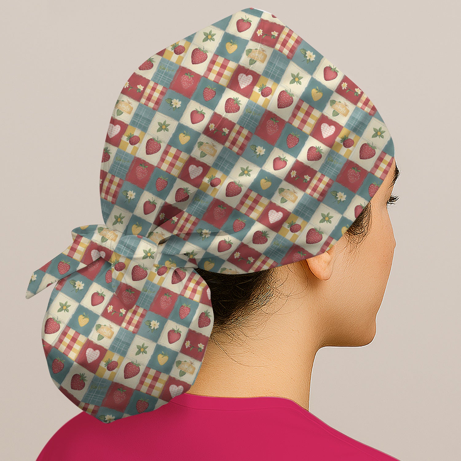 Cute Strawberry Floral Patchwork Pattern Caps, Bouffant Scrub Caps for Women