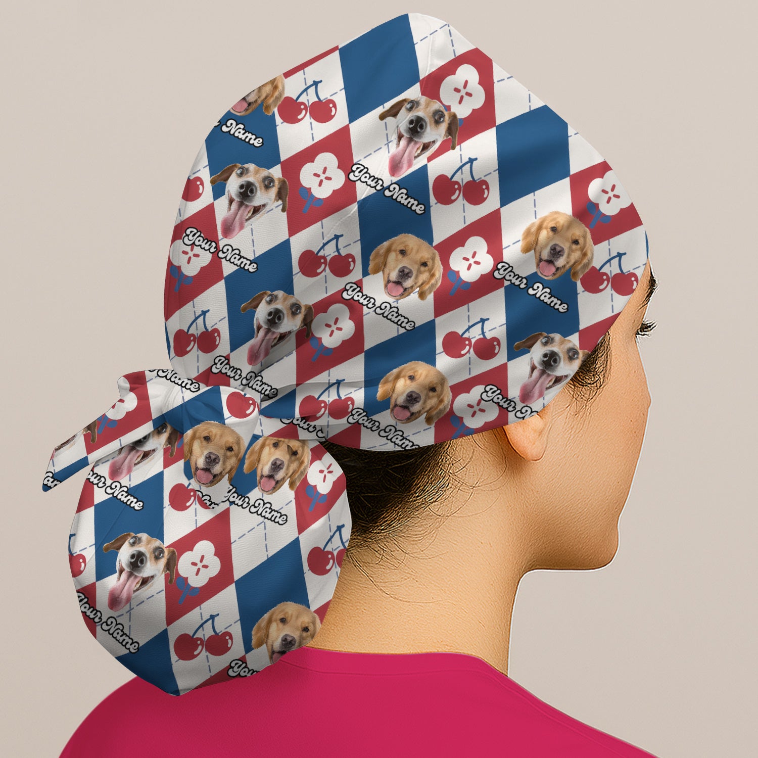 Custom Dog Face Scrub Cap, Playful Dog Cherry Argyle Pattern, Surgical Caps for Doctors