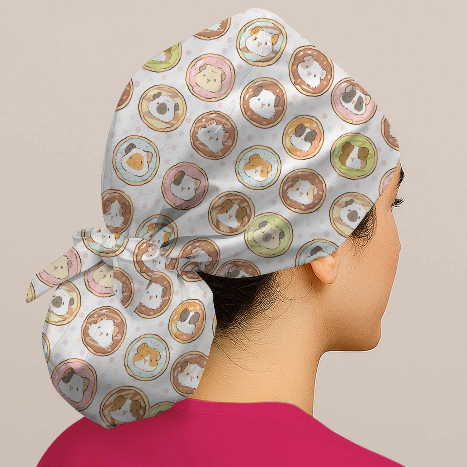Cute Guinea Pig Donut Circle Pattern Scrub Cap, Bouffant Scrub Caps for Women