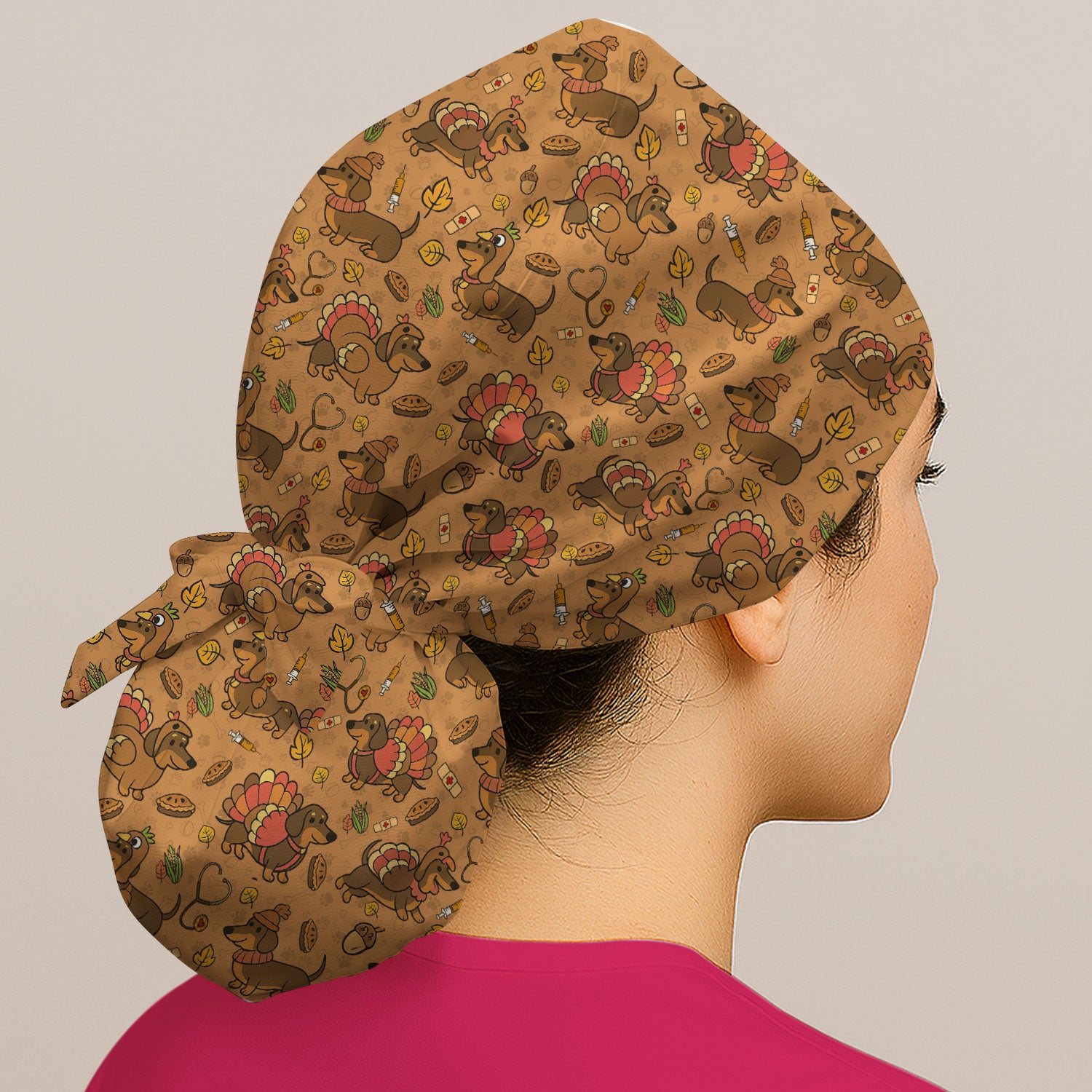 Thanksgiving Wiener Dog Bouffant Scrub Caps for Women - Funny Dachshund Turkey Holiday Nursing Gift - Breathable Fabrics Caps