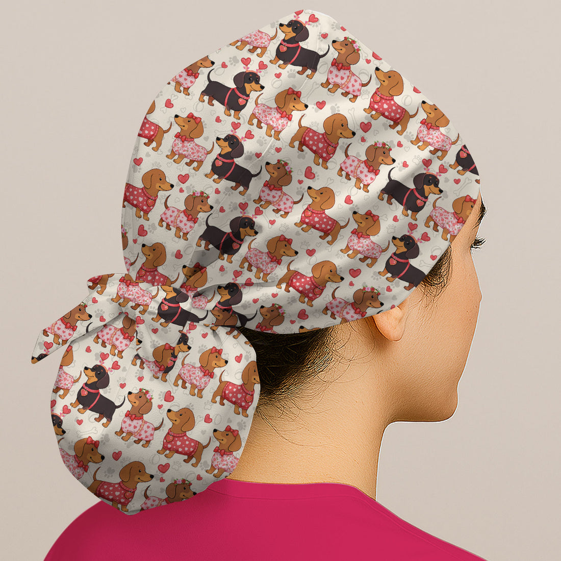 Valentine Dachshund Scrub Cap, Wiener Dog Love Pattern Nurse Hat, Breathable Fabrics Nursing Uniform