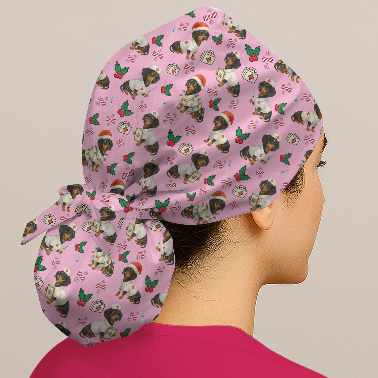 Custom Christmas Nurse Scrub Cap - Dachshund Dog Surgical Hat Multi Color - Funny Holiday Bouffant Cap for Women Nurses